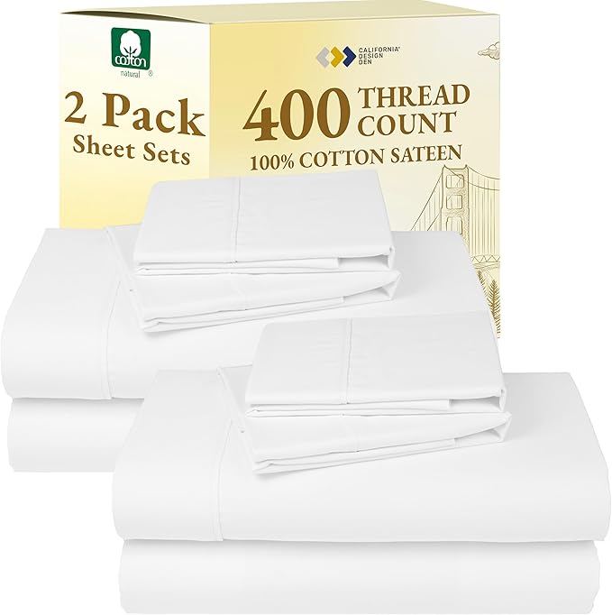 California Design Den King Bed Sheets Set - Soft 400 Thread Count Sateen, 100% Cotton Sheets, Deep Pockets with All Around Elastic for a Snug Fit, Durable Bedding Set - Antique White