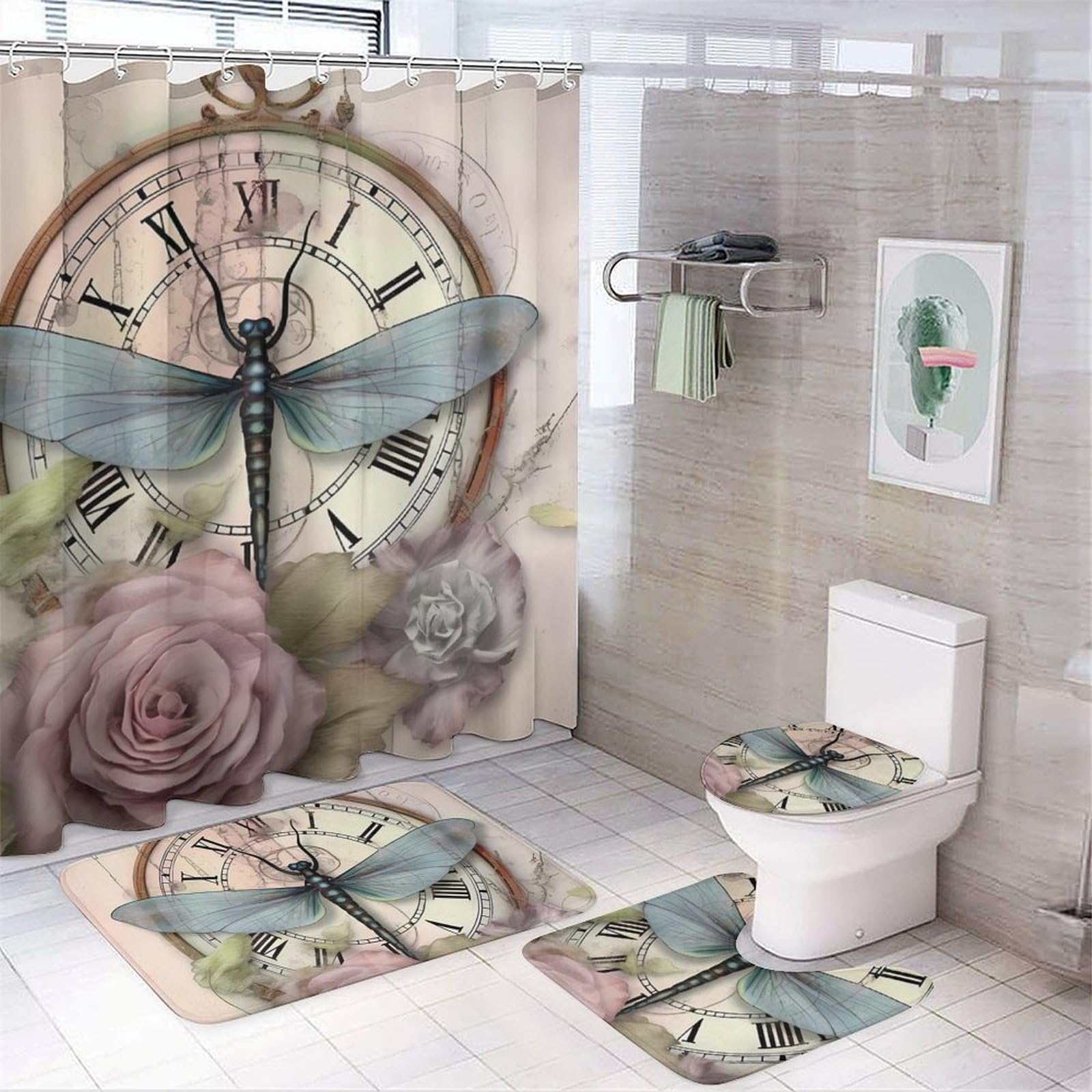 CGSBNGHA Clock Dragonfly Rose Shower Curtain Set 4 Piece Bathroom Sets with Rugs Toilet Lid Cover And U-Shaped Floor Mat
