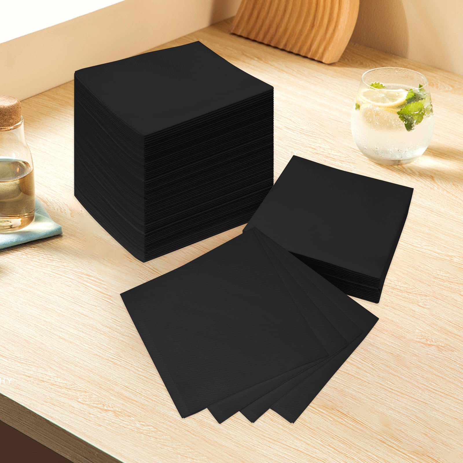 Servilletas de bebidas con tacto de lino negro, 200 servilletas desechables de cóctel, suaves y absorbentes, pliegue de 1/4, servilletas negras de 5 x 5 pulgadas para bar, cafetería, fiesta, boda o