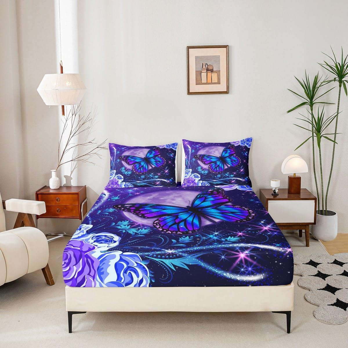Galaxy Fitted Sheet Full Size,Purple Blue Dreamy 3D Butterfly Bedding Set,Glitter Starry Moon Bed Sheets 3 Pieces (No Flat Sheet),Watercolor Flowers Leaves Deep Pocket Sheet,2 Pillowcases