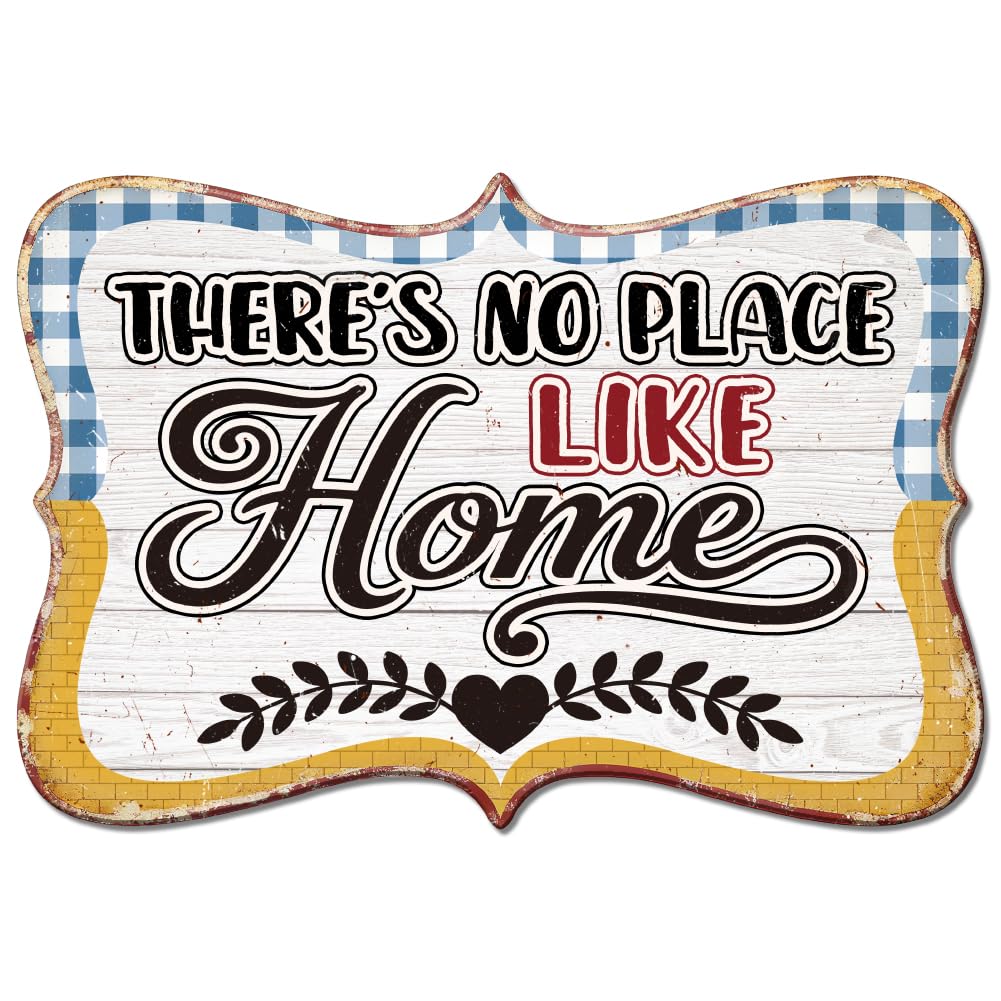 GLOBLELAND Vintage Home Copywriting Metal Tin Sign 10.6x7.2inch Funny Blue Buffalo Plaid Plaque Poster Retro Warming Texts There's No Place Like Home Metal Wall Art Decor for Man Cave