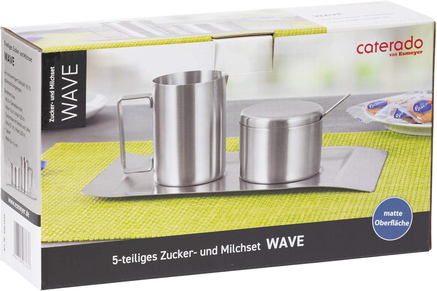 Esmeyer Sugar & Milk Set Wave 4-pcs. of Stainless Steel Brushed, Silver, 26.3 x 15 x 7.6 cm