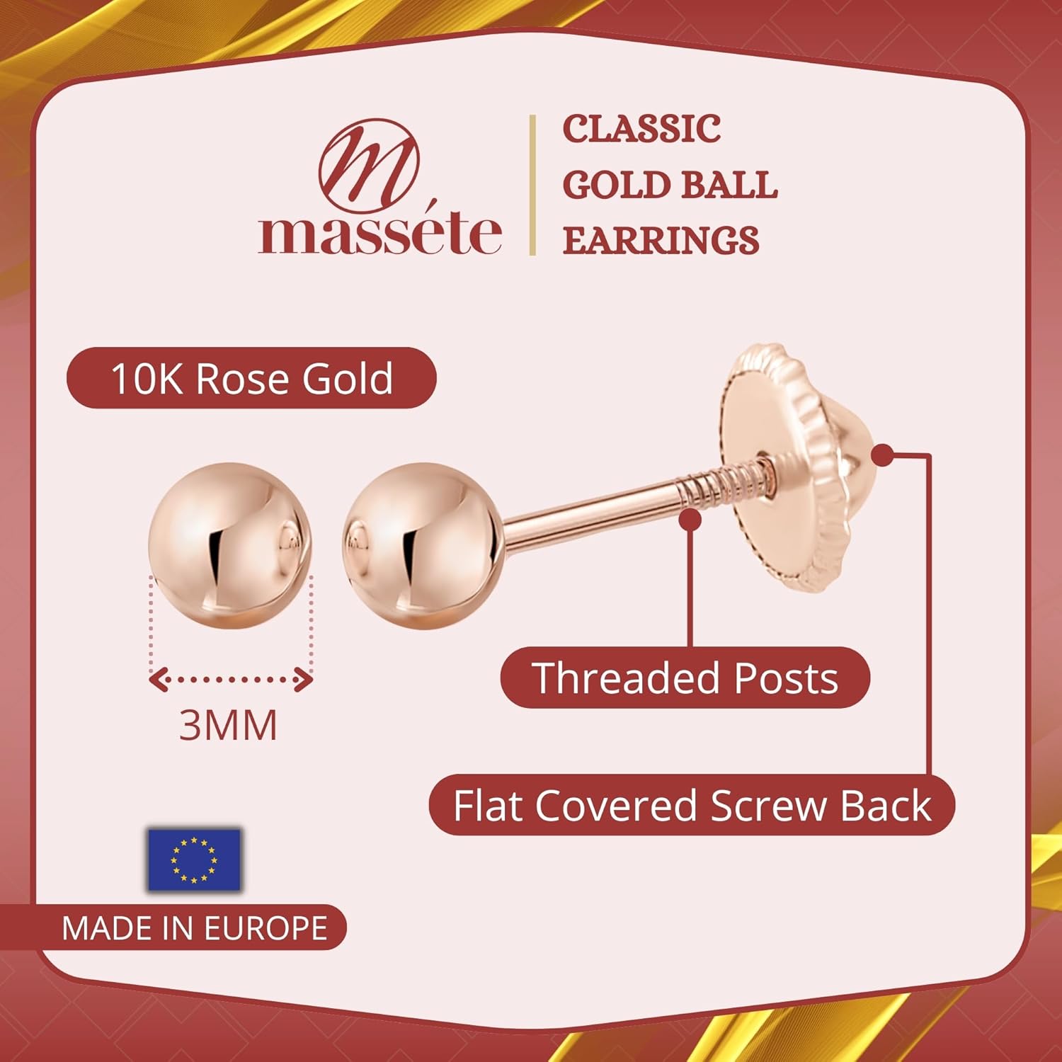 MASSETE Gold Ball Stud Earrings for Women and Girls Screwback | 10k, 14k, 18k | White Yellow or Rose Gold | 3mm 4mm 5mm | Nickel Free - Image 2