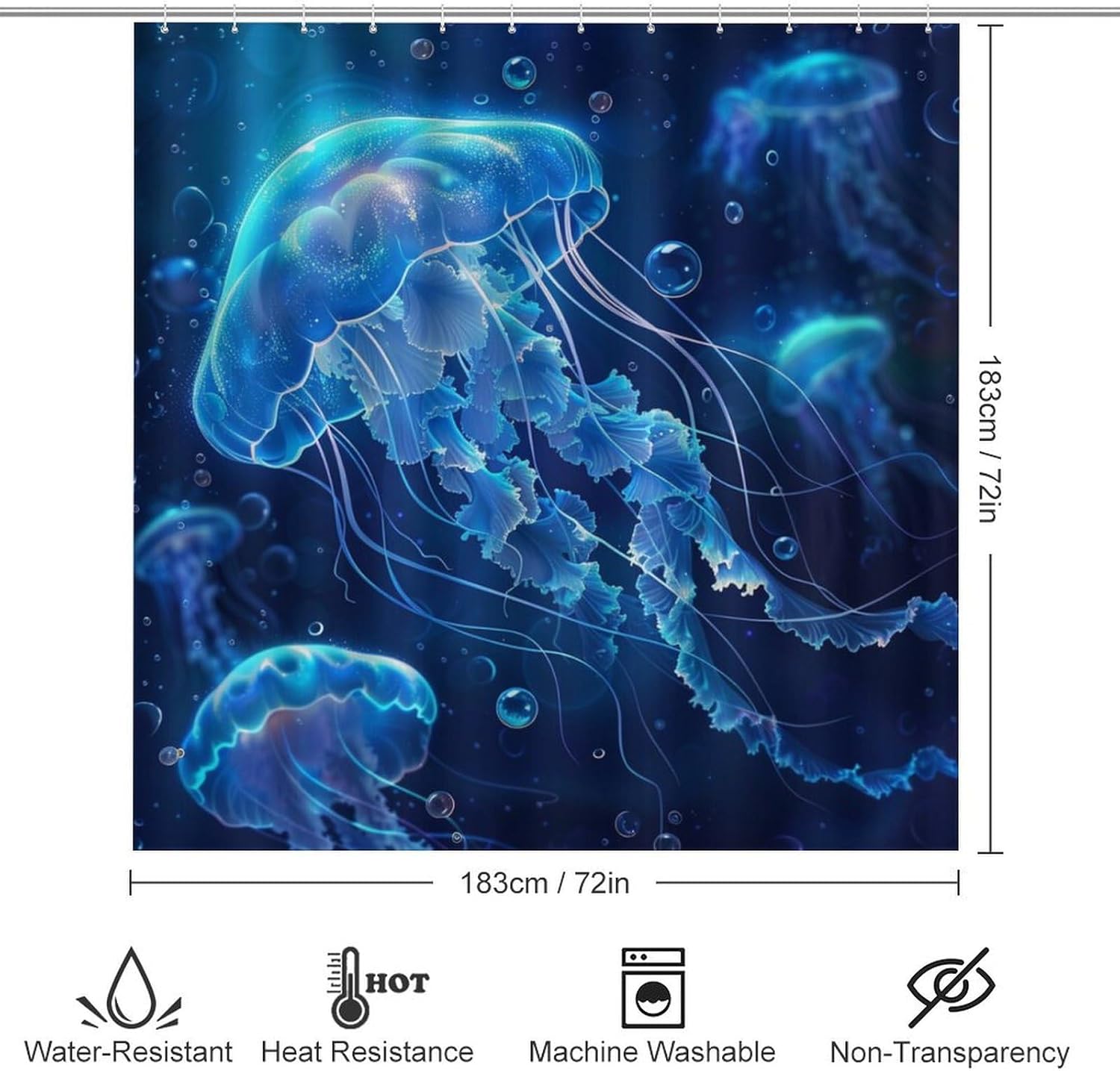 4Pcs Blue Jellyfish Underwater Shower Curtain Sets, Bathroom Decor Set with Rugs, Bath Mat Ocean Animal Shower Curtain, 72 X 72 Inch