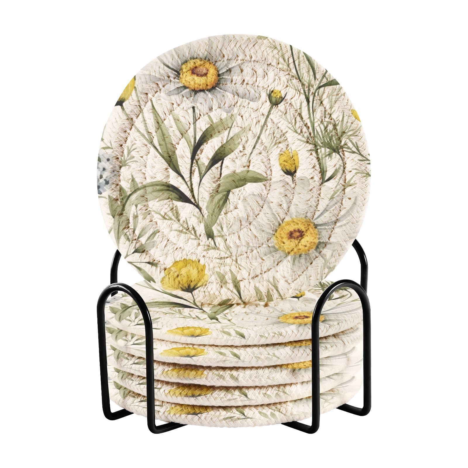 Msyxl Wildflower Daisy Drink Coasters Set - 6 Pcs Minimalist Woven Coasters with Holder for Home Decor, 3.94 Inch Absorbent Coasters for Drinks
