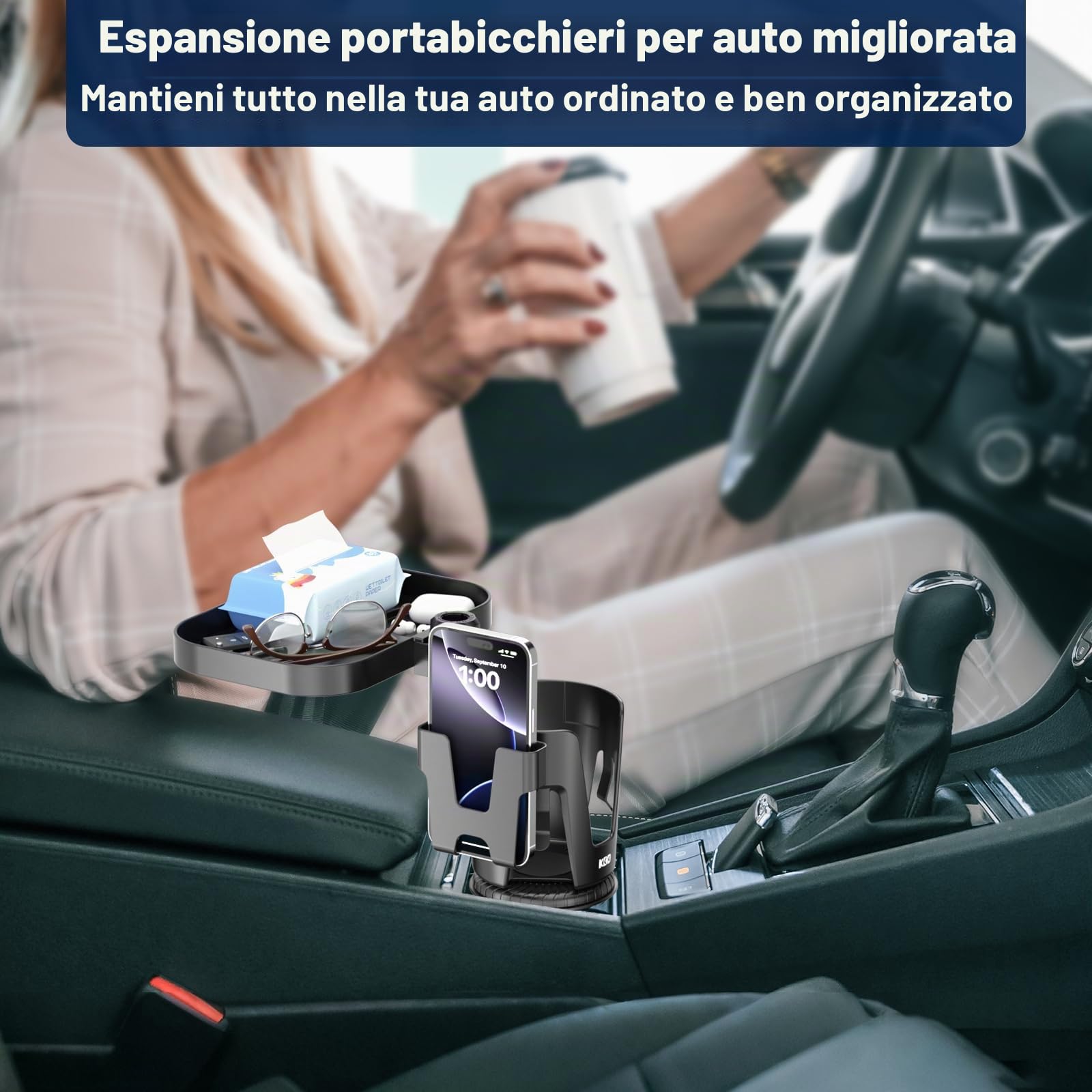 KDD Vassoio Portabicchieri per Auto Multifunzionale - 3 in 1 Vassoio per Alimenti per Auto Staccabile e Base Regolabile, Supporto Telefono e Portabevande a 360° Rotazione per Veicoli Viaggi Nero