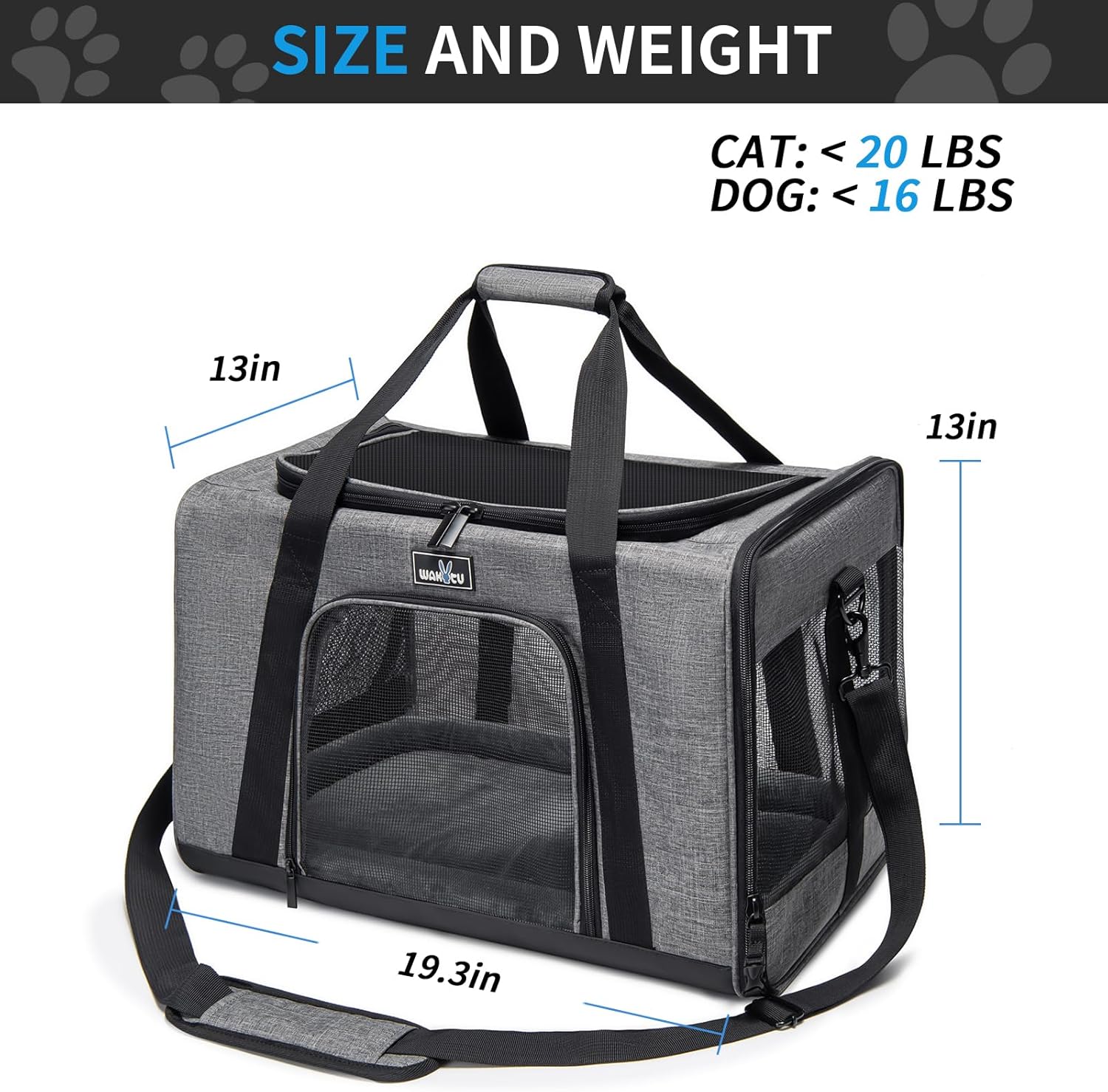 Wakytu Pet Carrier for Medium Large Cats and Dogs, Dog Carrier Travel Bag with Adequate Ventilation, 5 Mesh Windows, 3 Entrance, Locking Safety Zippers, Padded Shoulder and Carrying Strap, Large