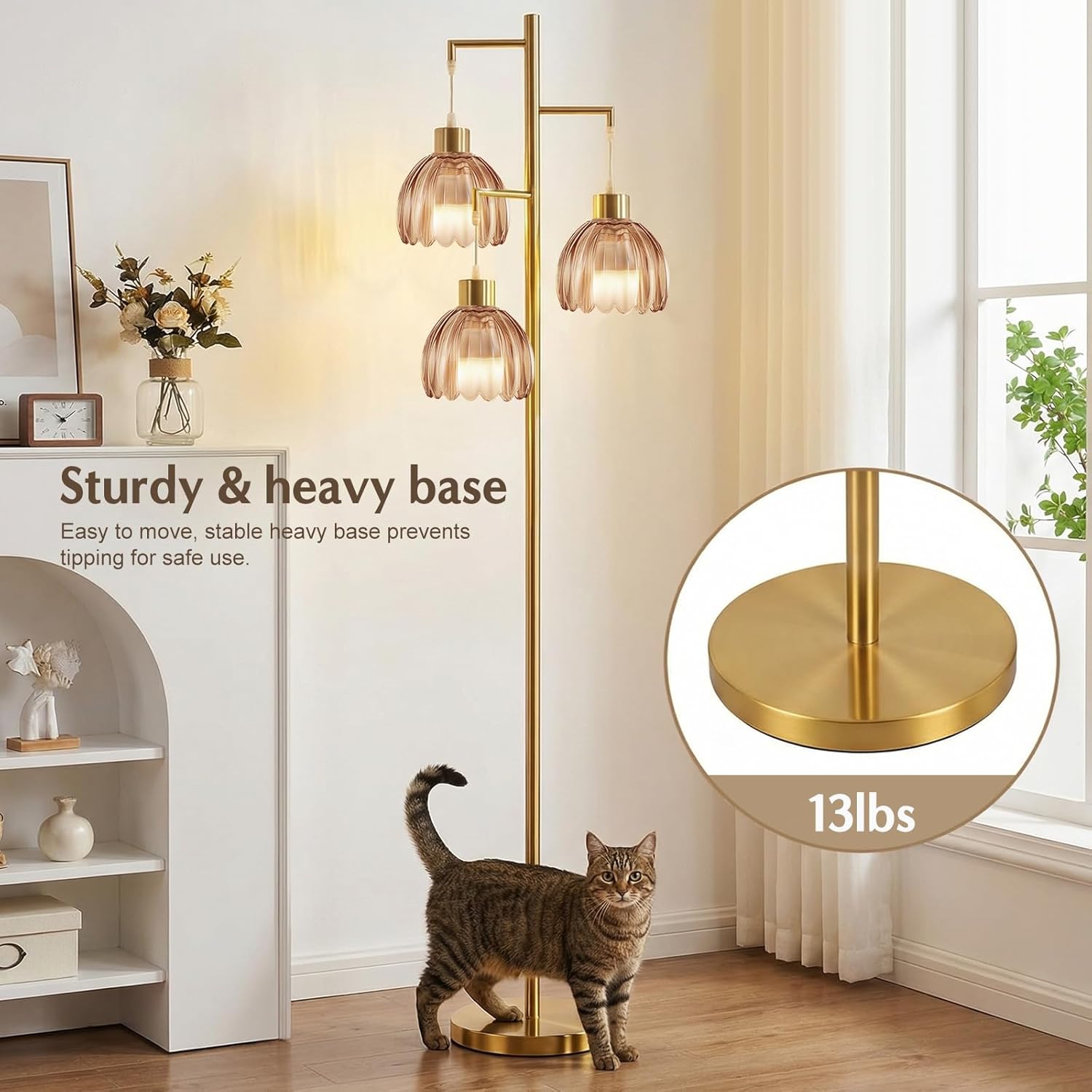 Floor Lamp for Living Room, 3 Light Standing Lamp Mid Century Modern Gold Tree Tall Floor Lamps Vintage Retro Floor Lights Glass Flower Lamp Shade Farmhouse Boho Bohemian