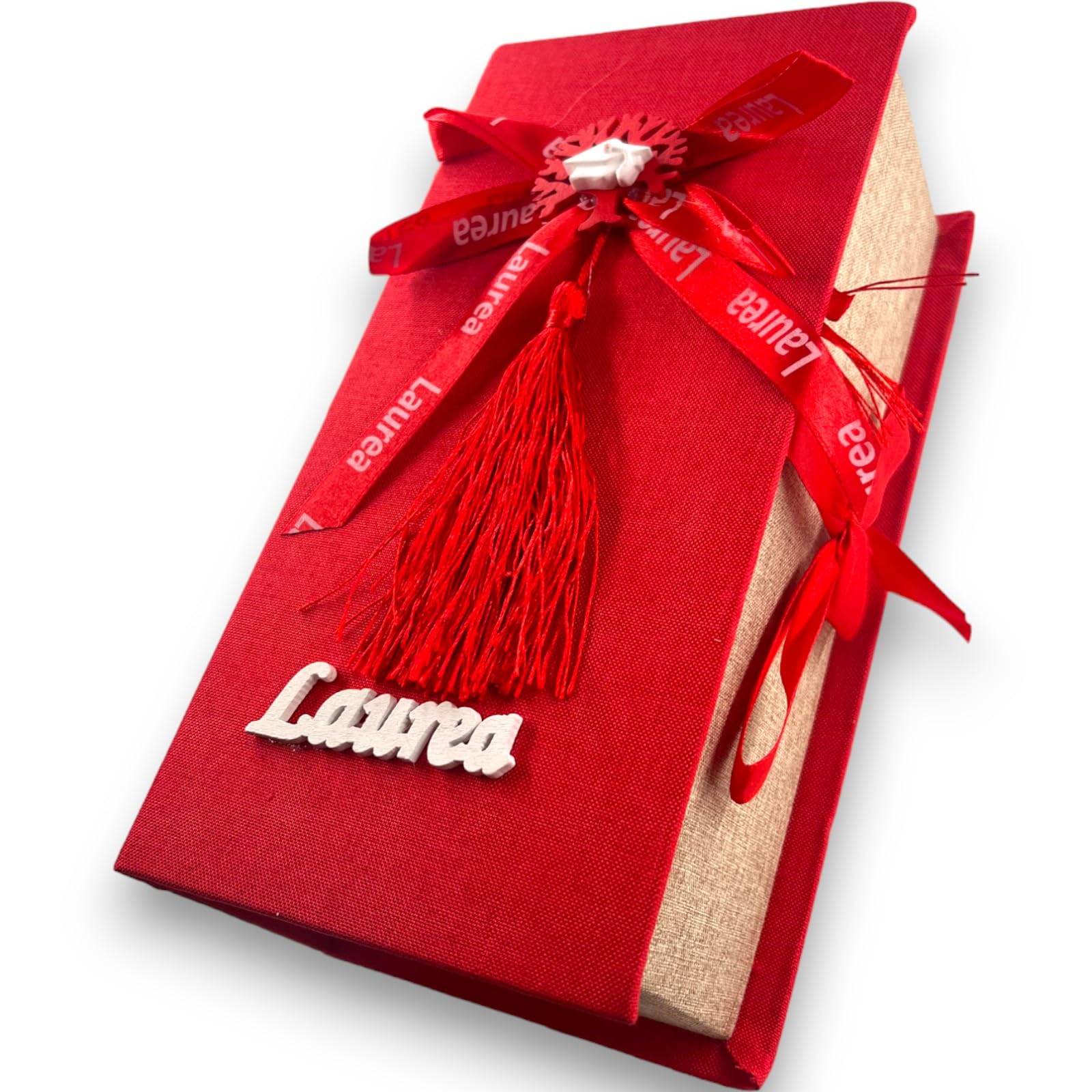 Scatola Box Libro Ricordo Laurea in Tela Rossa Decorazioni Bianche con 12 Scatoline Portaconfetti Idea Regalo Pary Cerimonia Festa