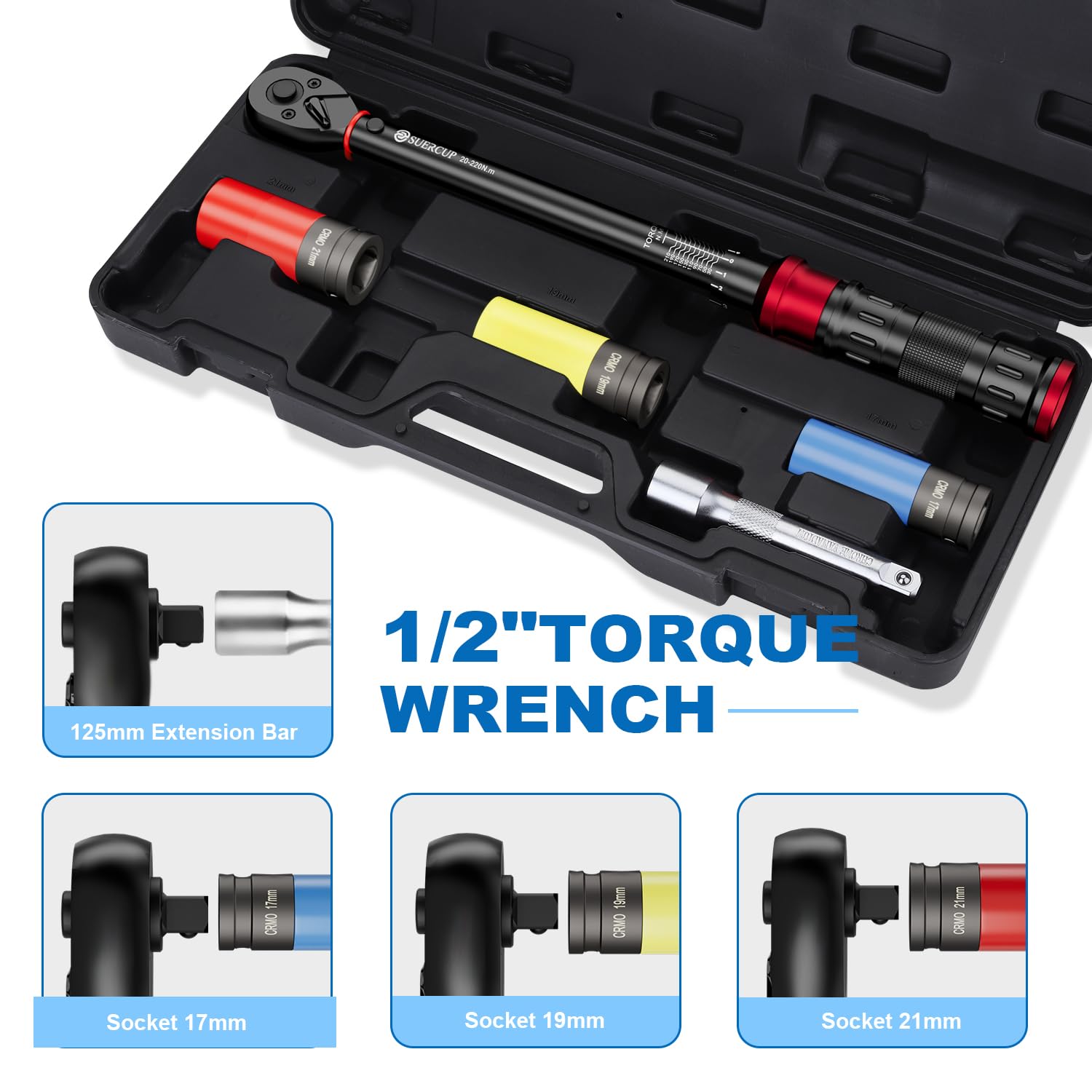 SUERCUP 1/2 cala 20-220 NM zestaw kluczy dynamometrycznych 5-częściowy ± 3% dokładności błędu, z nasadkami nasadowymi 17 mm/19 mm/21 mm, drążek przedłużający 75 mm, do wymiany opon samochodowych i