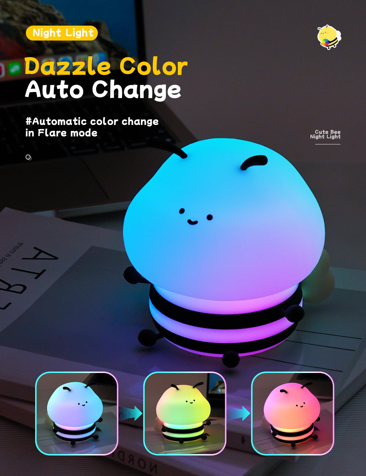 IHALO Luce Notturna Bambini, Lampada Camera Comodino, Silicone Luce Notturna Neonato, Lampada Carina Ape, 7 RGB Colori, Ricaricabile Portatile e Senza Fili, Con Timer, Deco Cameretta Bambina Regali