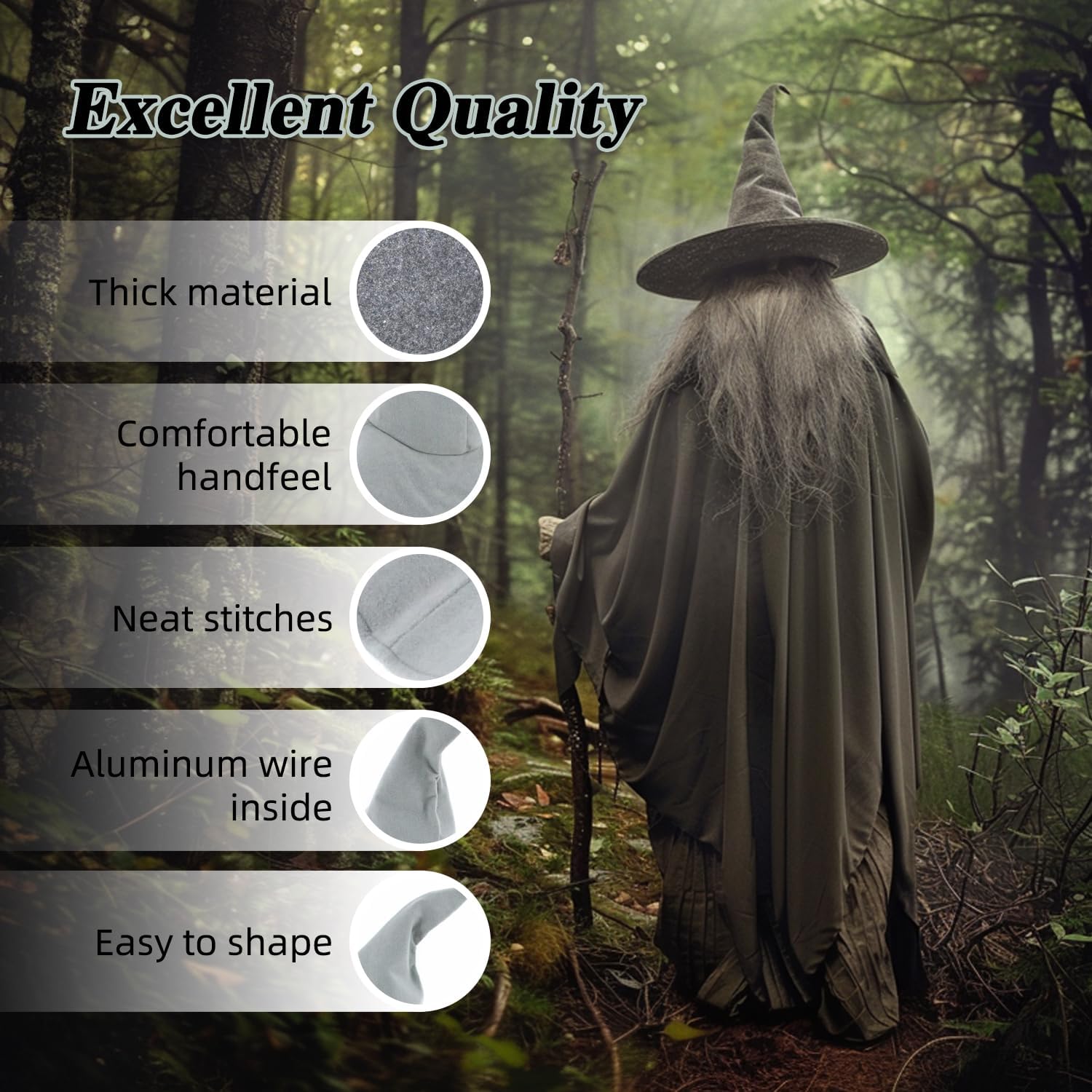 Wizard Hat, 18IN Large Witch Hat for Witch Costume, Funny Cosplay Accessories for Halloween Costume (Gray) - Image 3