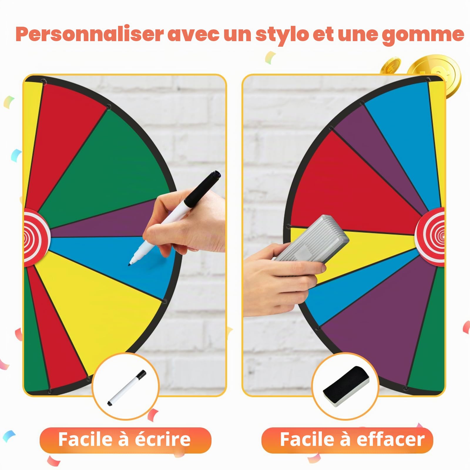 SOARS Roue de la Fortune 30", Hauteur Réglable de 140-170 CM, Personnalisable avec Marqueur pour Tableau Blanc et Éponge, pour Jeux de Mots, Famille (76 CM, 14 Emplacements)