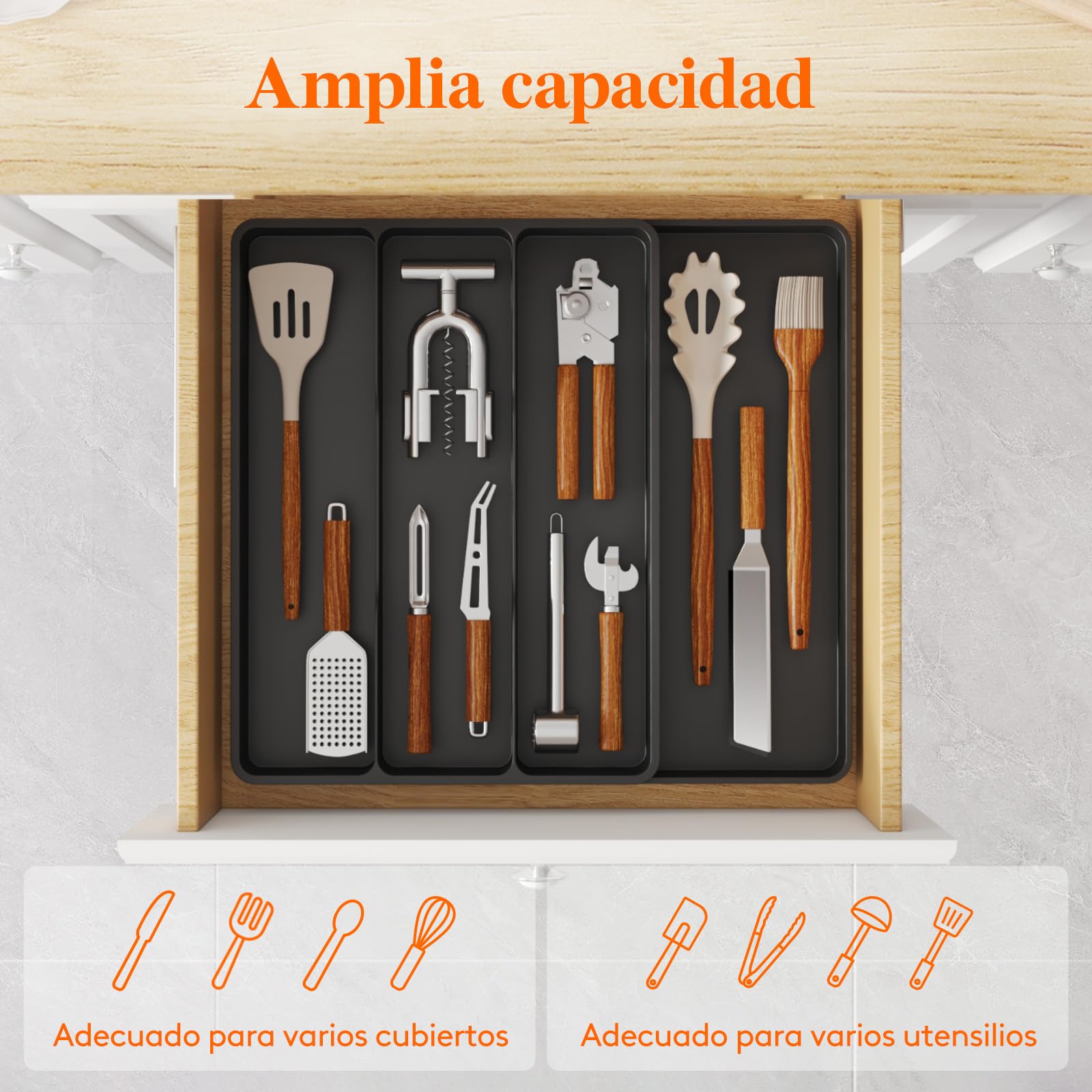 Lifewit Organizador Menaje de Cocina, 3 Compartimentos Bandeja Cubiertos Extensible Cajon y 4 Compartimentos Soporte Utensilios para Encimera, Separador Herramientas para Bandeja Armario, Negro