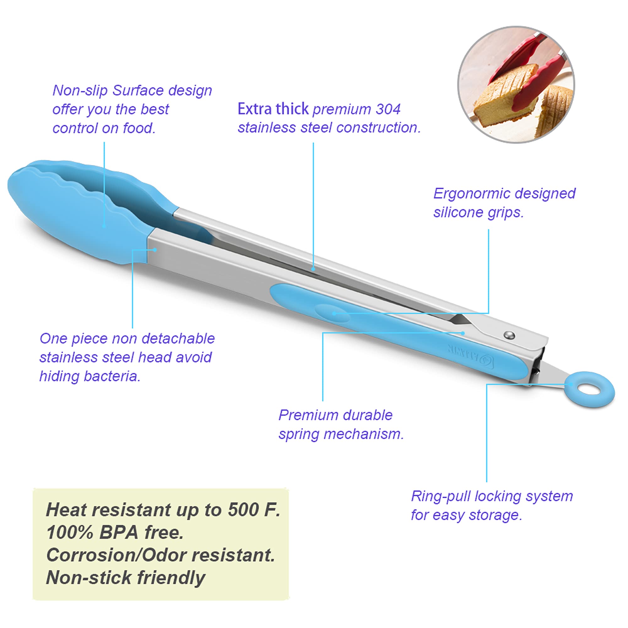 Paquete de 4 pinzas de cocina azules, silicona premium, sin BPA, antiadherente, de acero inoxidable, para cocinar a la parrilla, pinzas para alimentos, 22 cm y 30 cm
