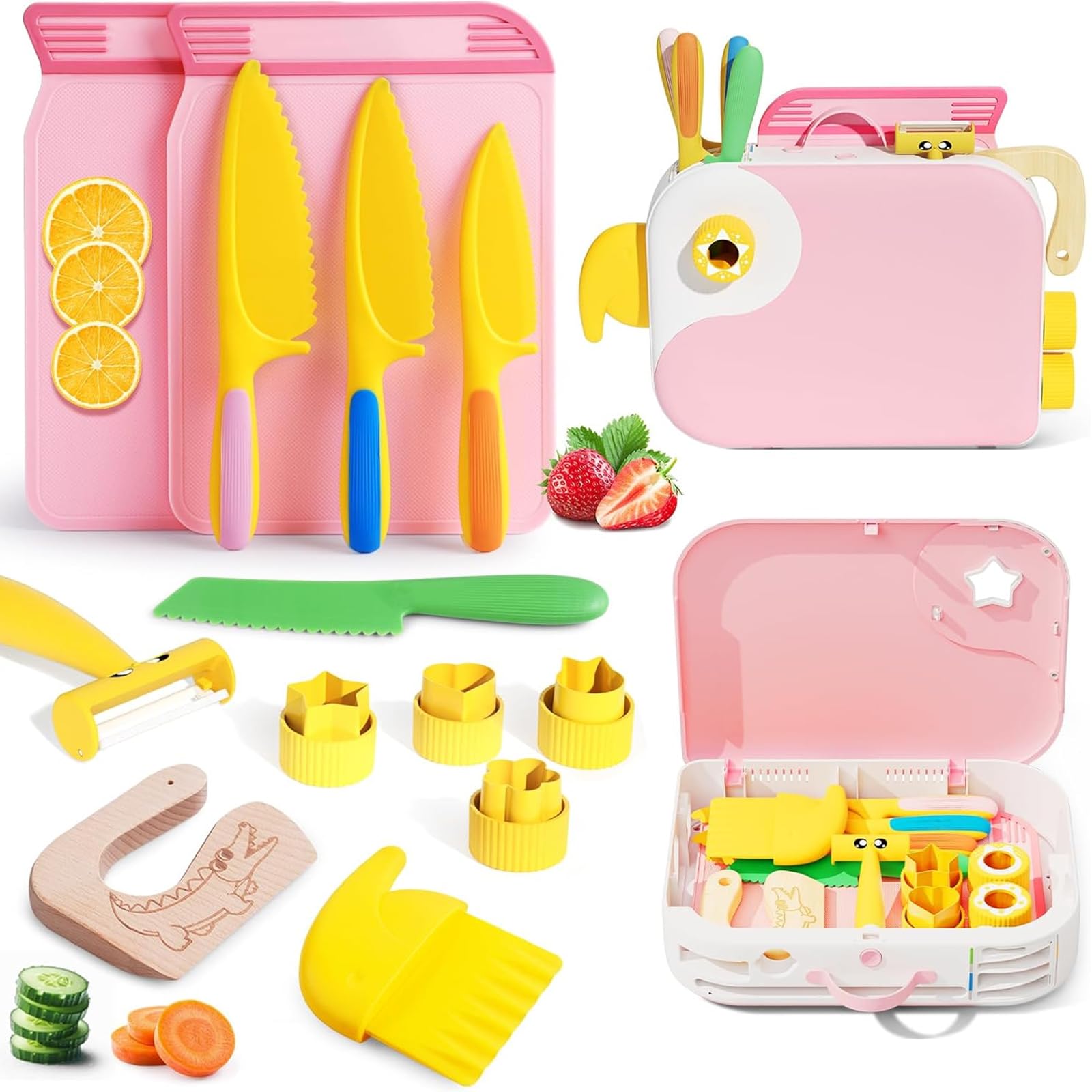 Yasterd Montessori Kitchen Tools for Toddlers,Kids Knife for Real Cooking,Toddlers Knife Set with Storage Box Kids Safe Knives Children Cutting Set and Peeler,Montessori Toys for Kitchen Set -Pink