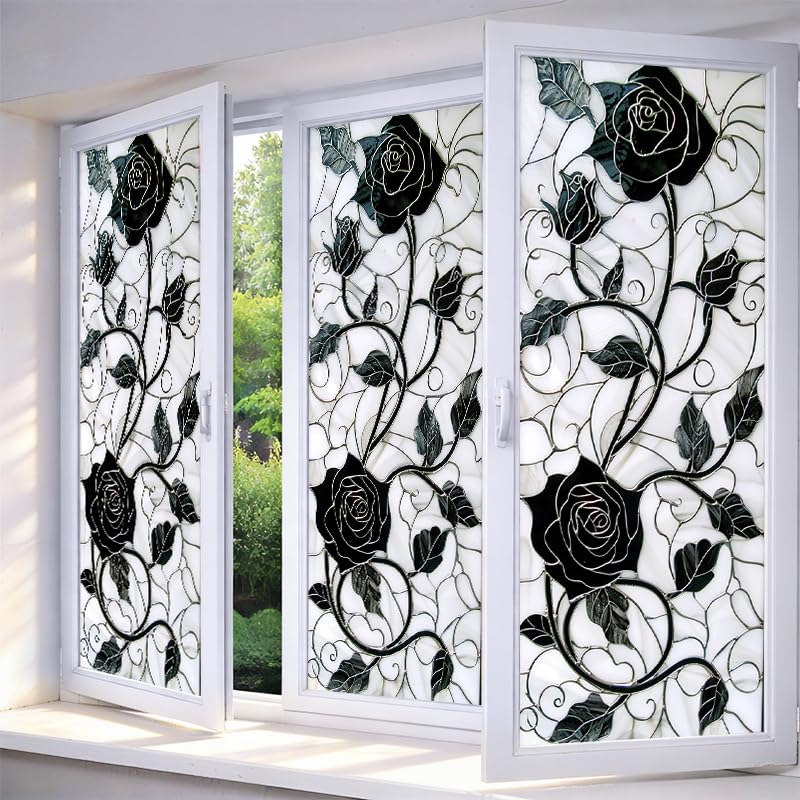 IVN Privacy Window Film Black Rose Vine Decorative Window Cling Stained Glass Style Static Cling...