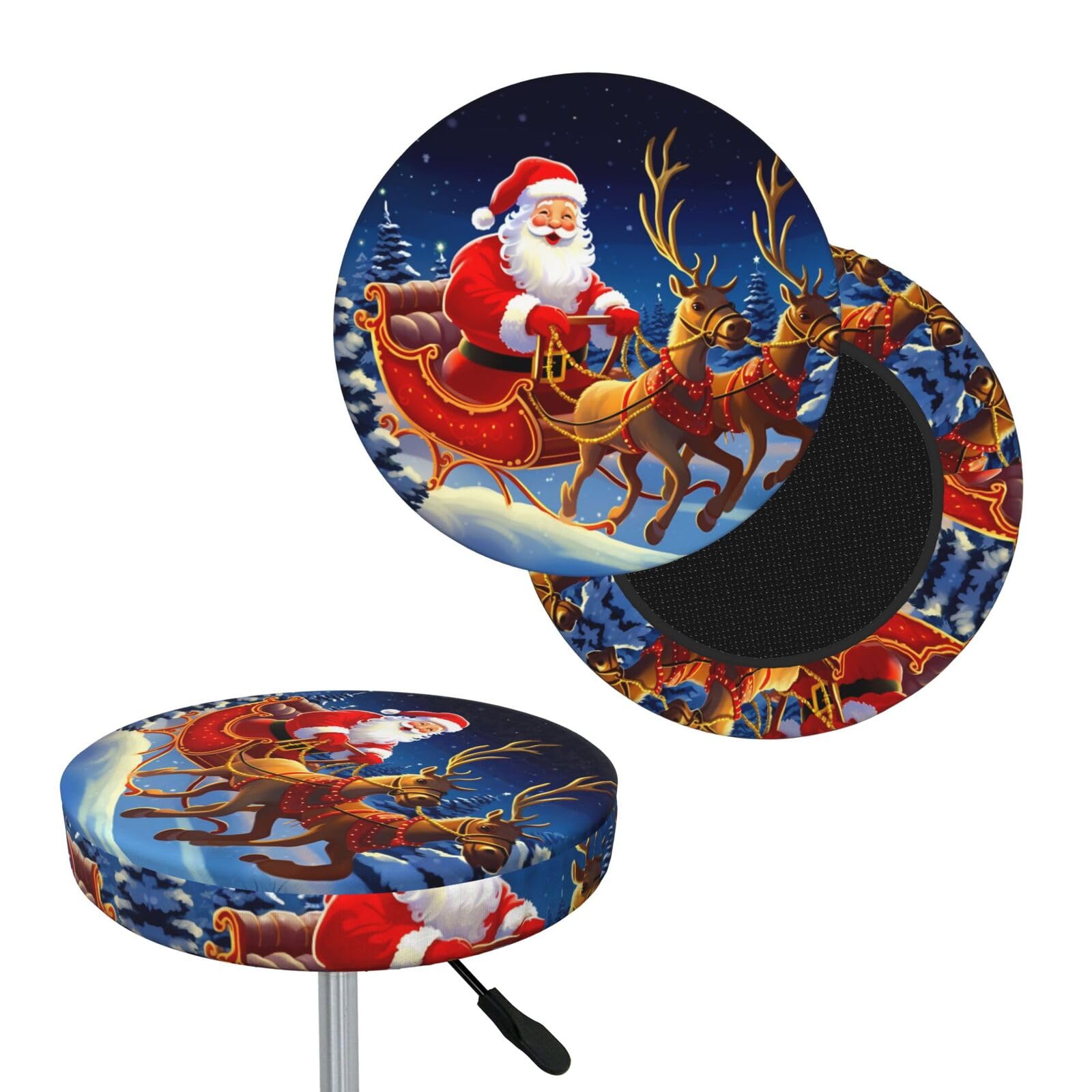 NONHAI Santa on Sleigh Bar Stool Cover Round Elastic Stool Cushion Covers Dustproof Bar Chair Cover Washable Stool Cushion Slipcover Stretch Stool Seat Covers for 12-14 Inch Chair