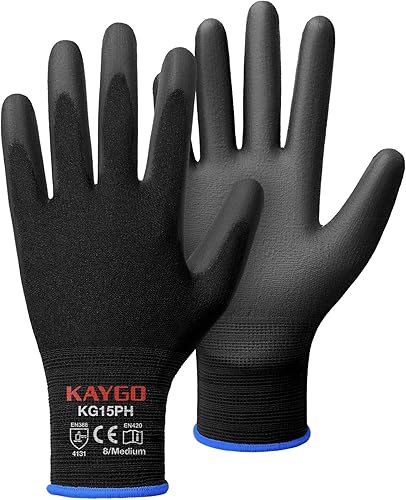 KAYGO Guantes de trabajo con revestimiento de poliuretano, 12 pares KG15P, guantes de trabajo de seguridad de poliuretano de nailon Lite con dedos