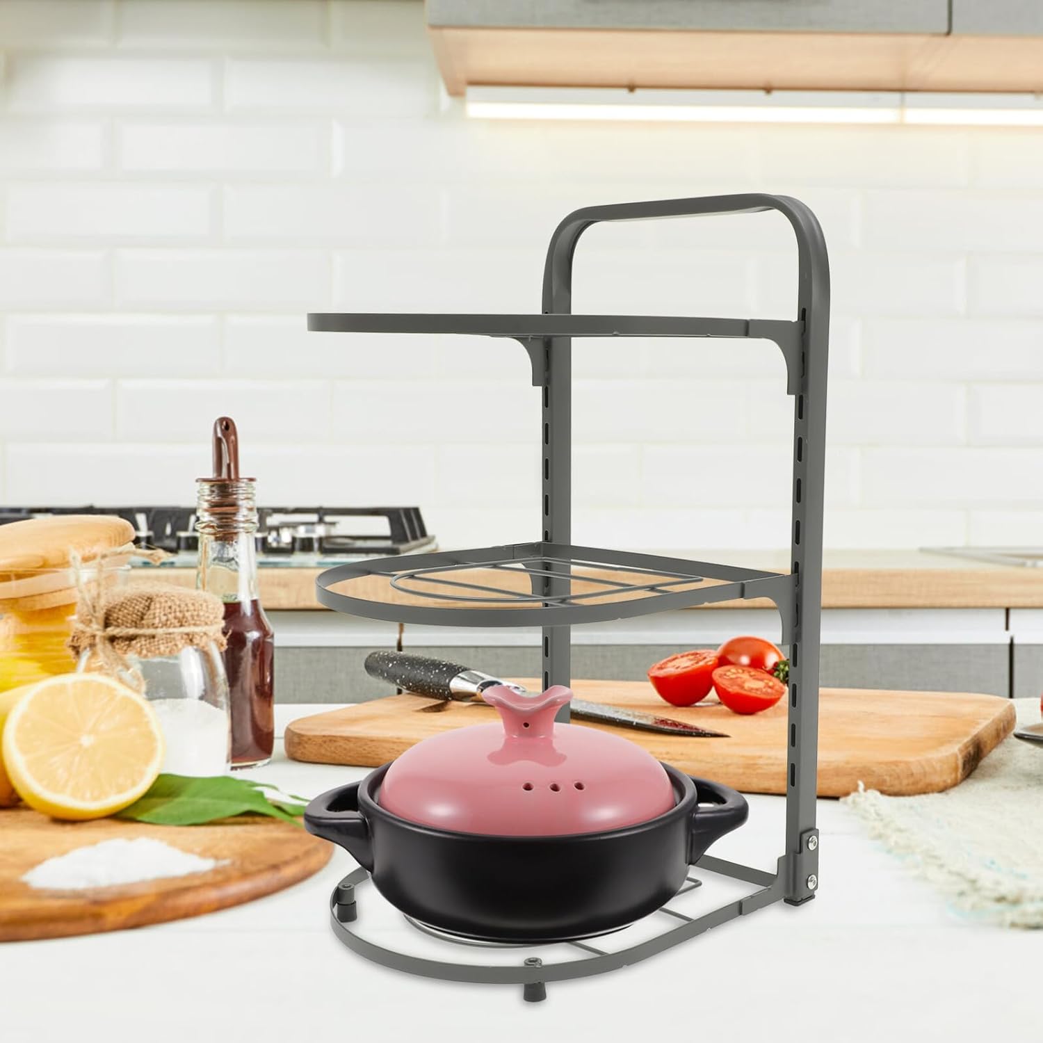 STOBAZA Foldable Carbon Steel Pot Rack Kitchen Organizer Multipurpose Pan and Bakeware Storage with Smooth Edges for Cabinet Under Sink Space Saving