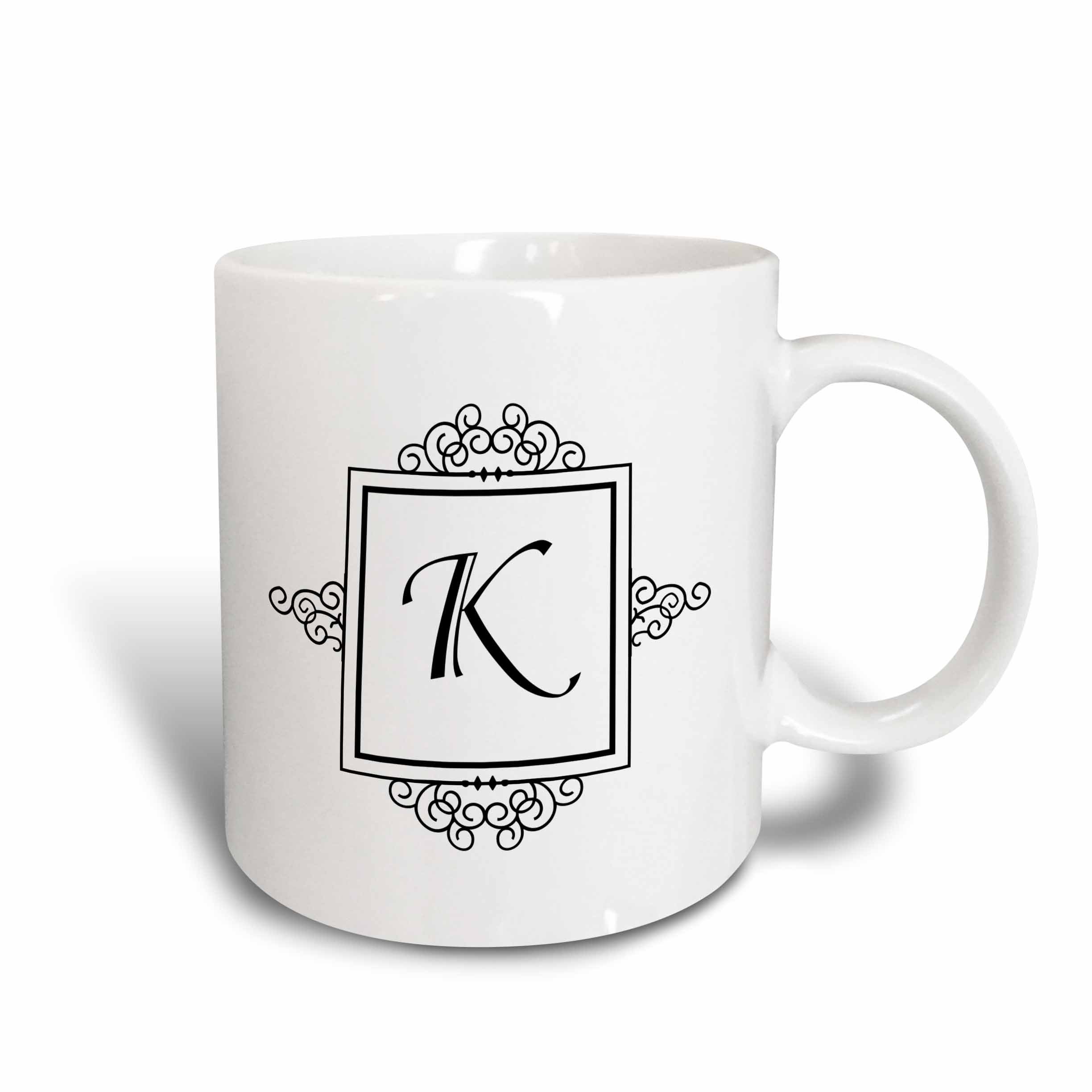 3dRose mug_154334_6 "Initial Letter K Personal Monogrammed Fancy black White Typography Elegant Stylish" Two Tone Blue Mug, 11 oz, Blue/White