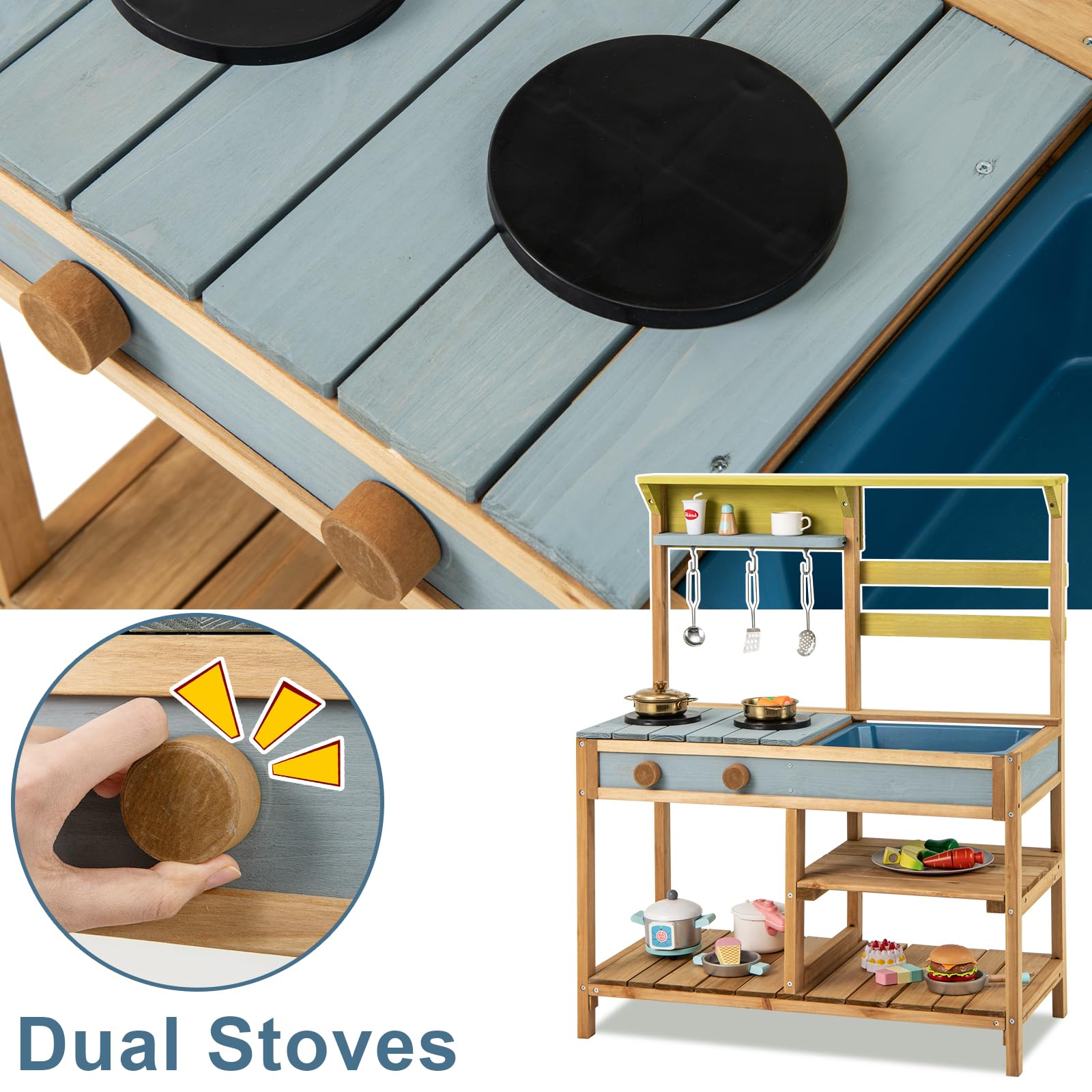 HOMASIS Cucina Giocattolo per Bambini in Legno, Cucinetta per Bambini Interattiva con 3 Ganci, 1 Lavandino e 2 Fornelli, Giocattolo Educativo per Bambini da 3+ Anni, 75 x 36 x 92 cm (Naturale)
