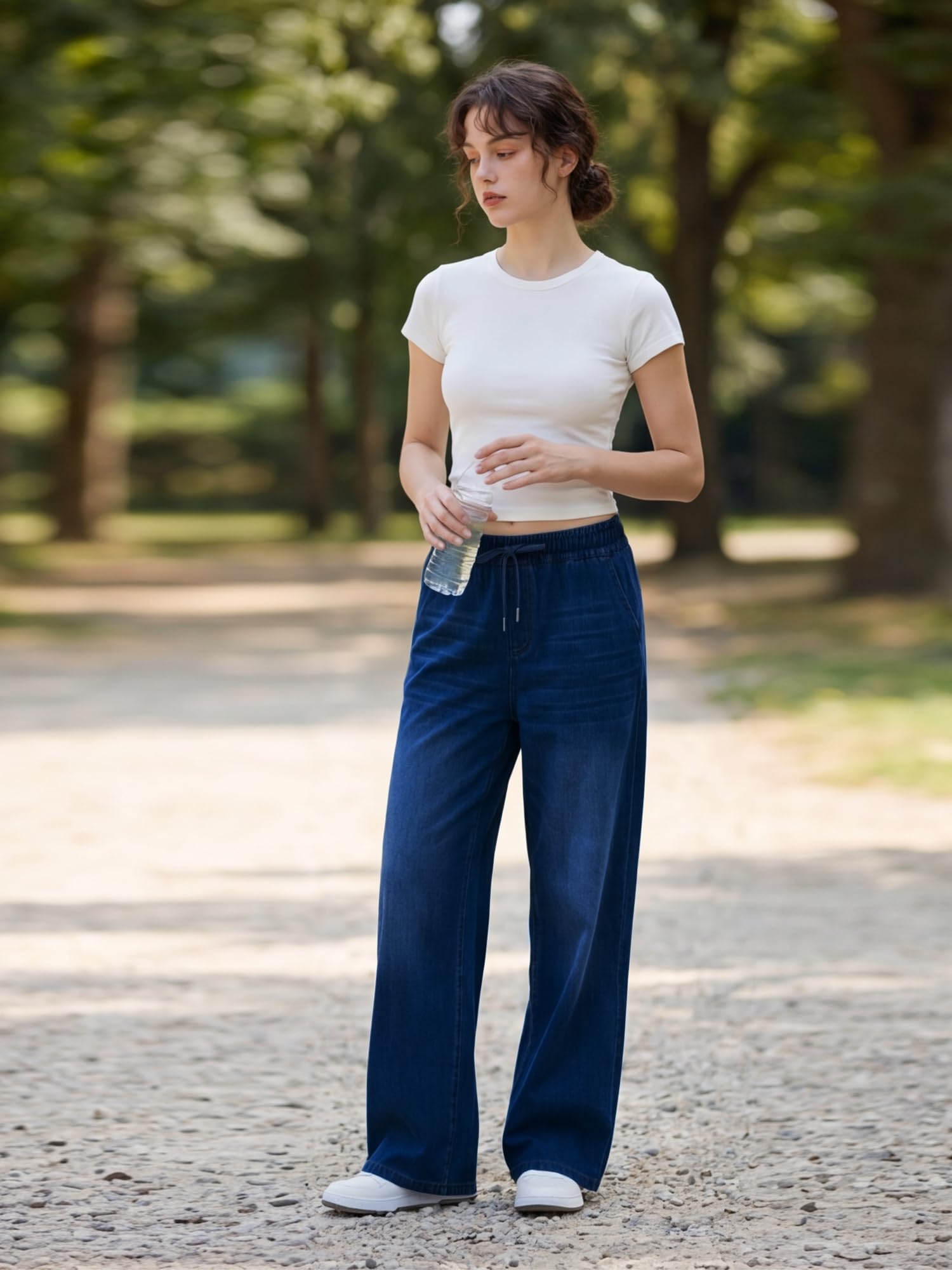 LaiEr Jeans Donna a Gamba Larga Alta Elasticità con Vita Regolabile con Coulisse.Palazzo Jeans da Donna Dritti in Denim Morbidi e Comodi,Ideali per Look Eleganti,Sport, Palestra,Tempo Libero e Yoga
