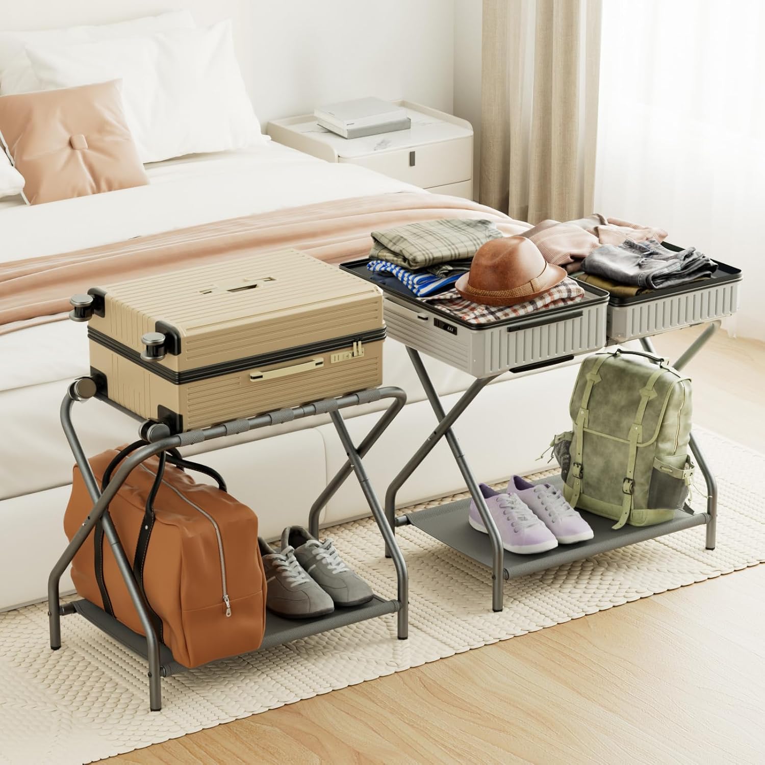 amhancible luggage rack, set of 2, foldable suitcase stands for guest room, metal luggage holder with storage shelf for bedroom, hotel, easy assemble, hlr02gy grey set of 2