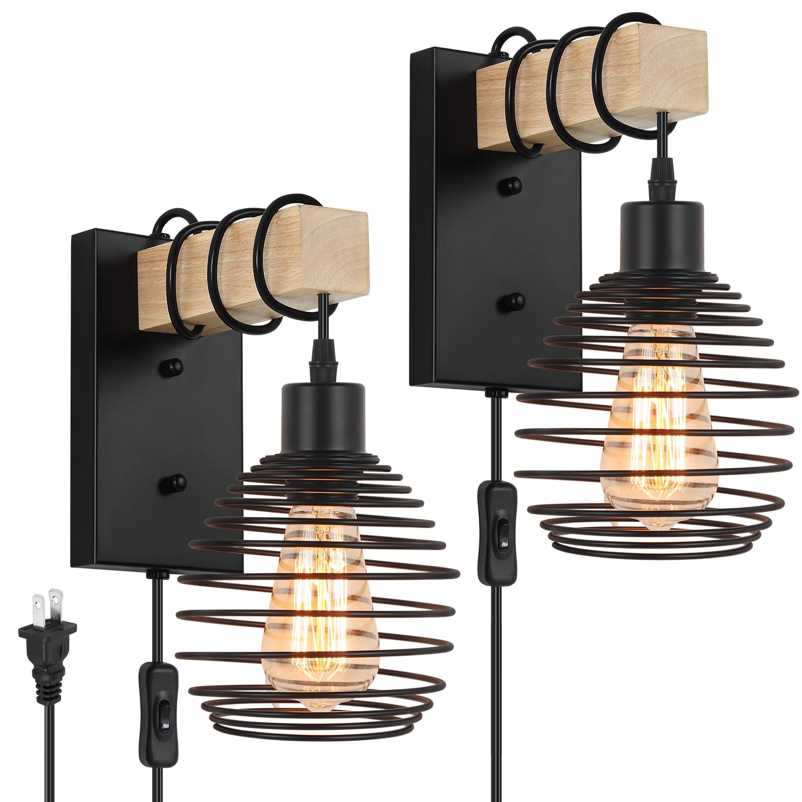 Plug in Wall Light Farmhouse Wall Lamps Set of 2 for Bedroom Industrial Wood Sconces Wall Light Fixtures with Metal Cage Lampshade for Living Room Home Office