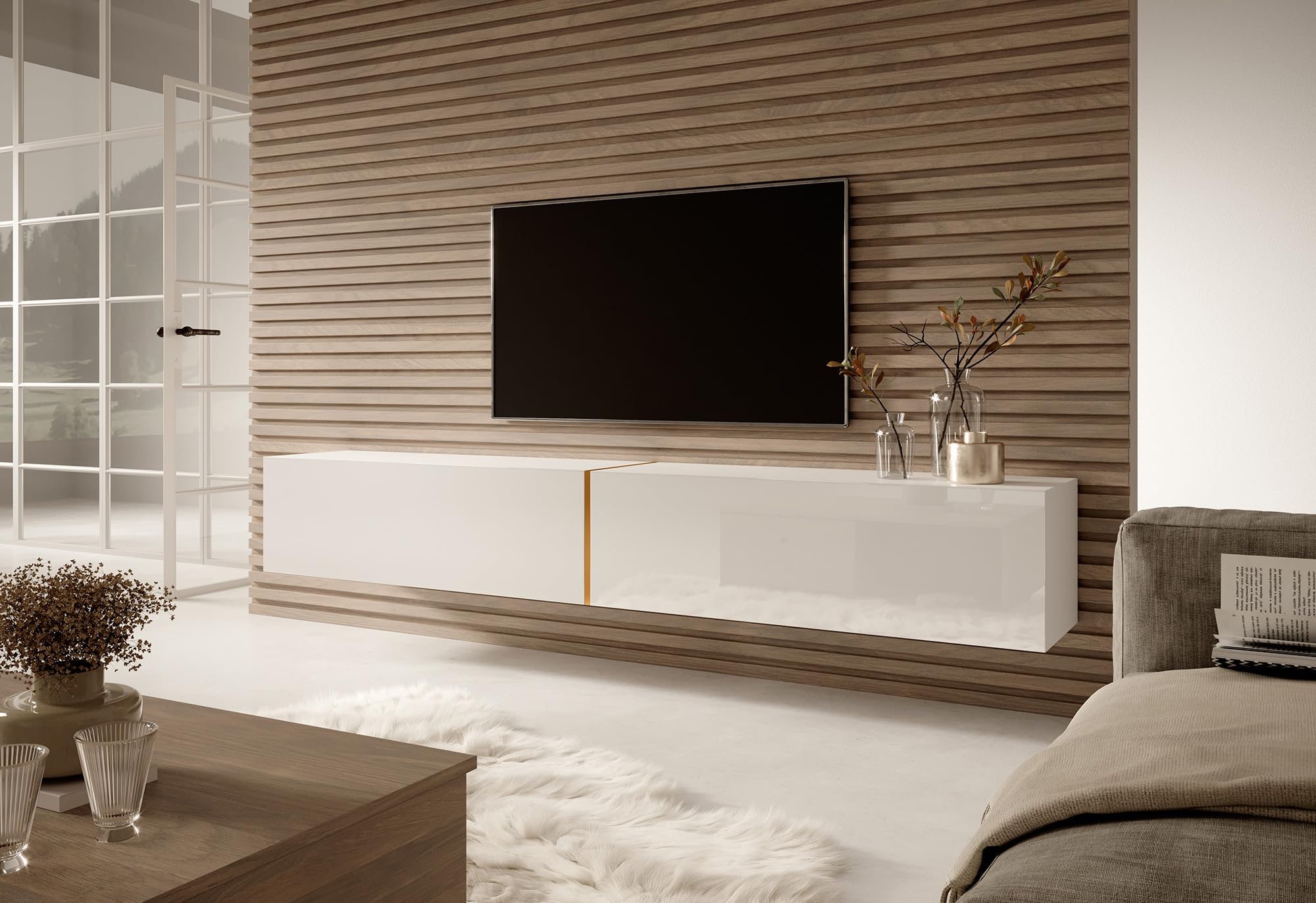 Selsey Meuble TV Armoire De Télévision 200 cm Suspendu Salle De Séjour Chambre À Coucher Blanc avec Insert Doré Bisira