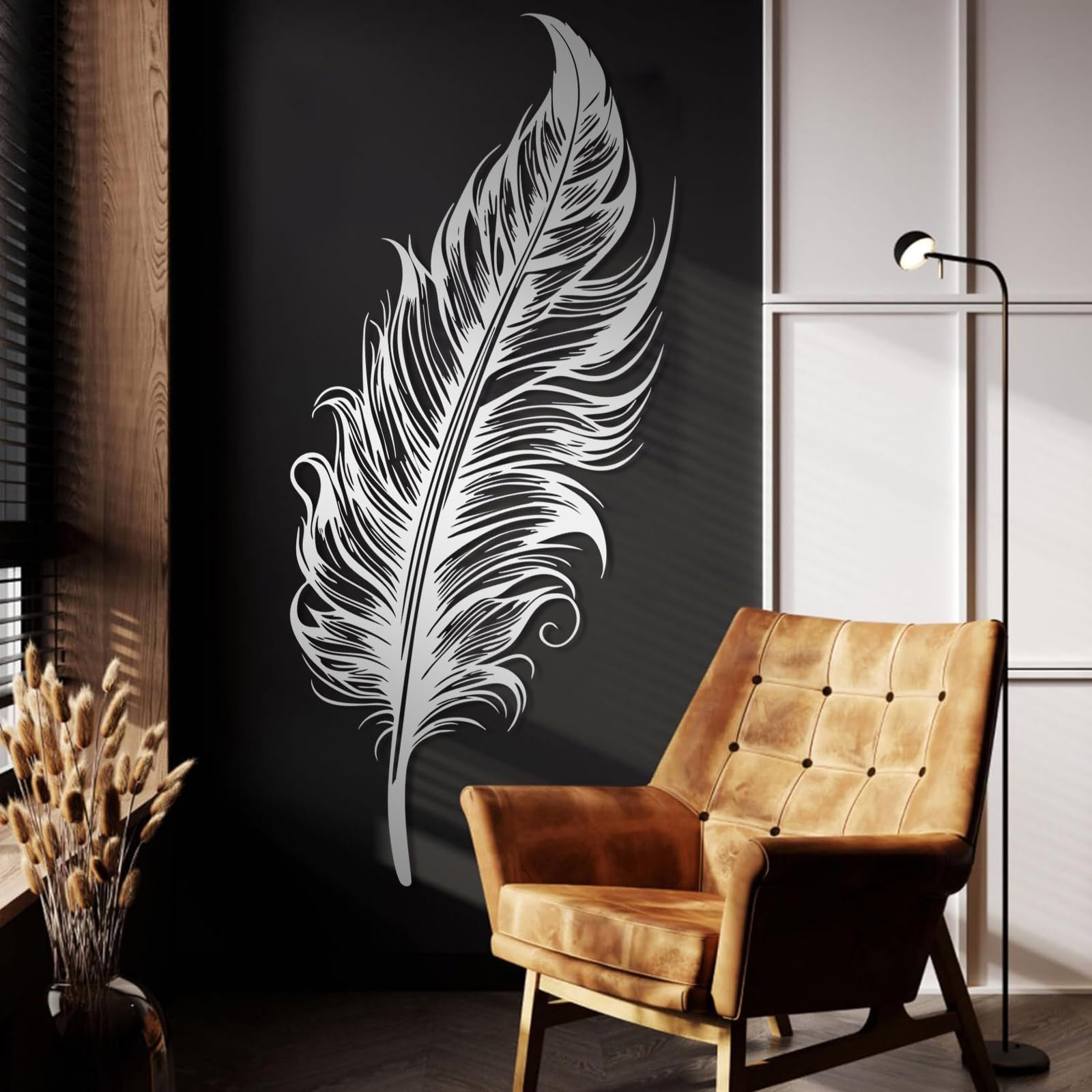 Metalowa dekoracja ścienna z piórami, duża metalowa dekoracja ścienna z piórami w stylu boho rustykalnym, czarna dekoracja ścienna do salonu, sypialni, korytarza i schodów, naturalny wy