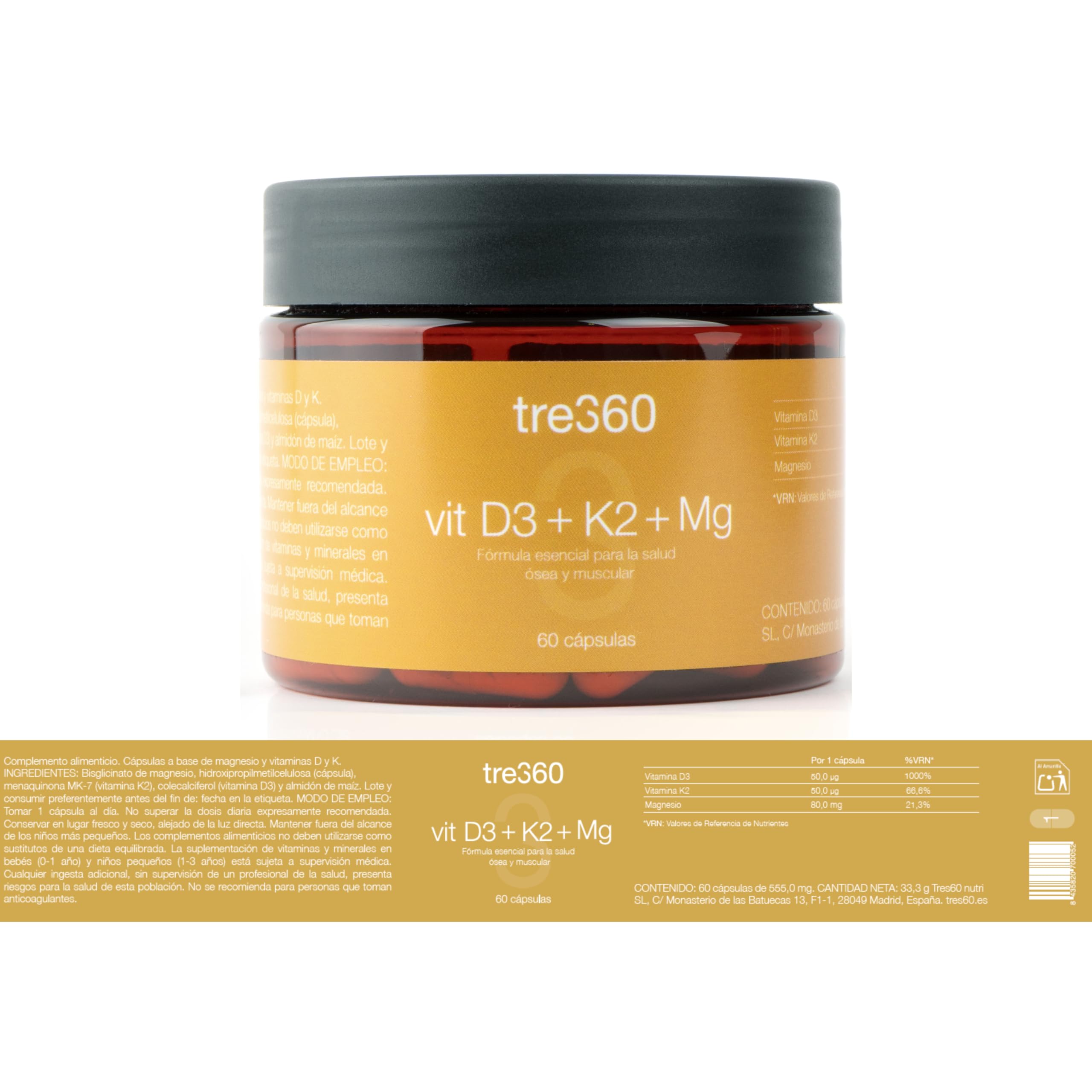 Tres60 - Vitamina D3 + K2 + Magnesio – 60 Cápsulas – Vitamina D3 2000 UI (50µg) con K2 MK7 y Magnesio Bisglicinato – Soporte para Huesos, Músculos e Inmunidad – Alta Absorción
