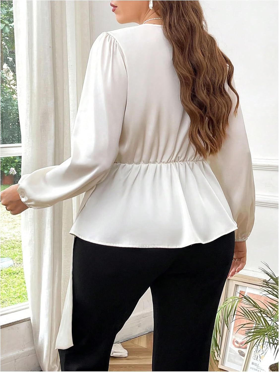 Floerns Women's Plus Size Satin Asymmetrical Wrap Tops Ruched V Neck Long Sleeve Blouses - Image 3