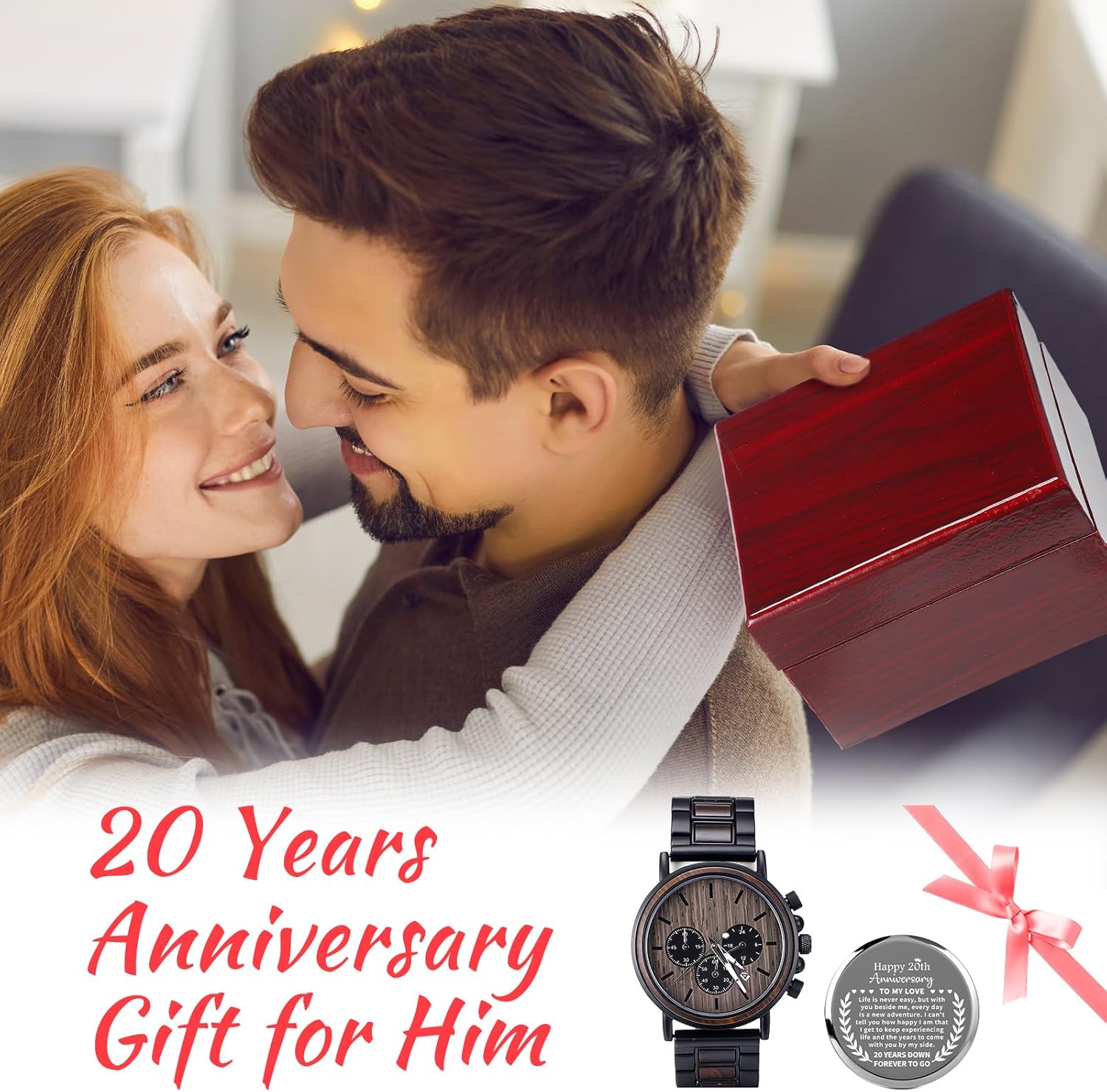20 Years Engraved Wooden Watch for Him 20 Years Anniversary for Men Gifts 20th Twentieth Wedding Anniversary Keepsake for Husband Boyfriend - Image 4