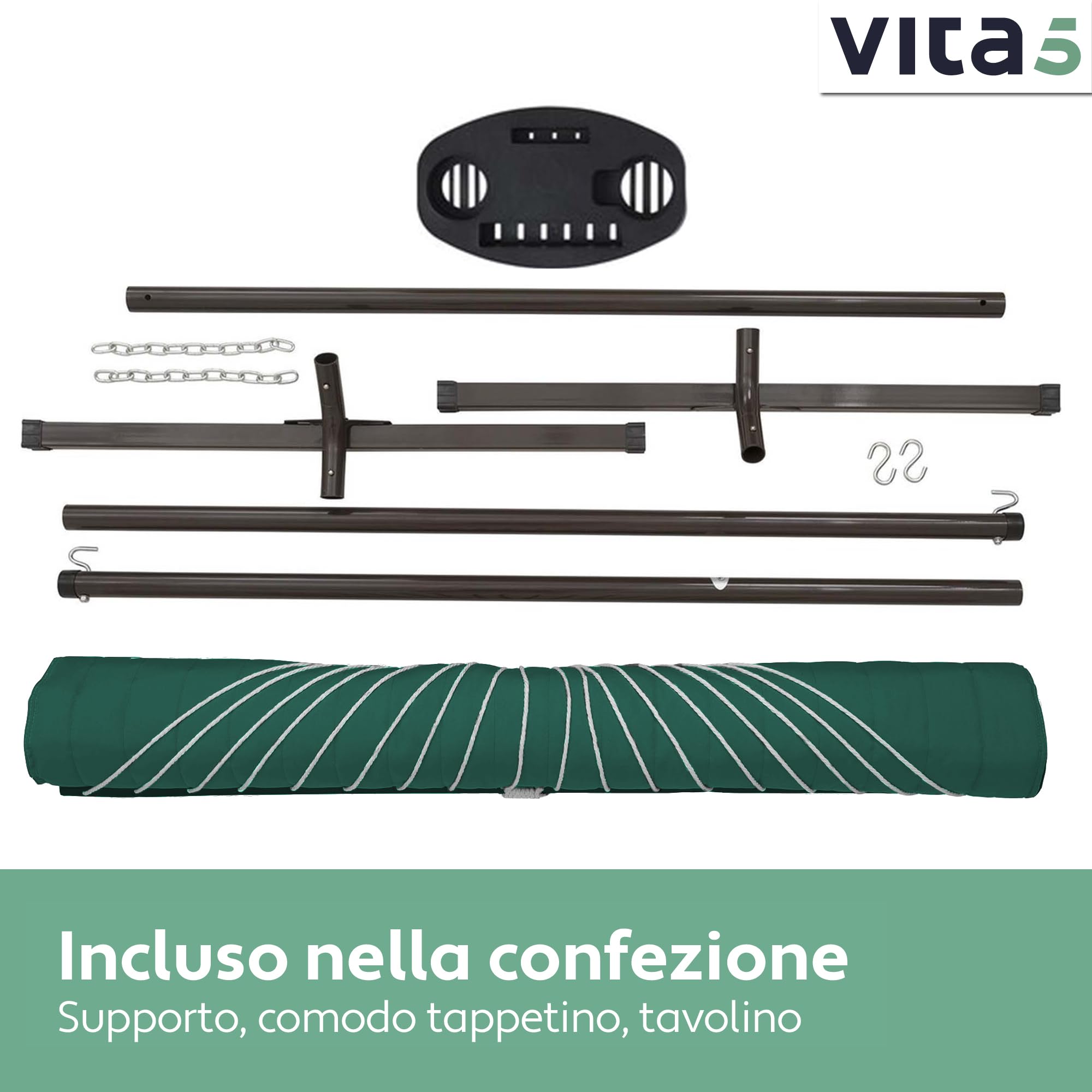 VITA5 Amaca con Struttura e Tavolino – Amaca da Giardino per 2 Persone con Supporto in Acciaio – Amache Doppia per Esterno, Balcone, Piscina – Portata 200kg – Telo Traspirante UV