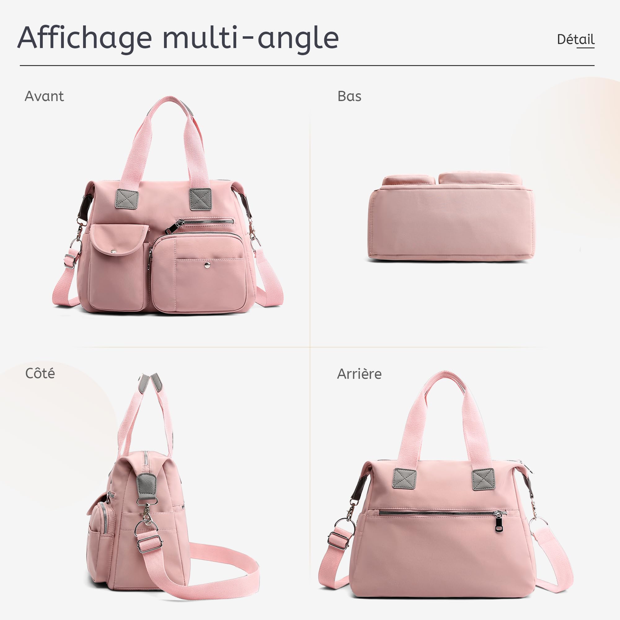Sac À Main Femme Multi Poches - Sac Bandoulière en Nylon Imperméable avec Bandoulière Amovible, Grande Capacité, Idéal pour Travail, Voyage, Sport Et Shopping Rose Romantique