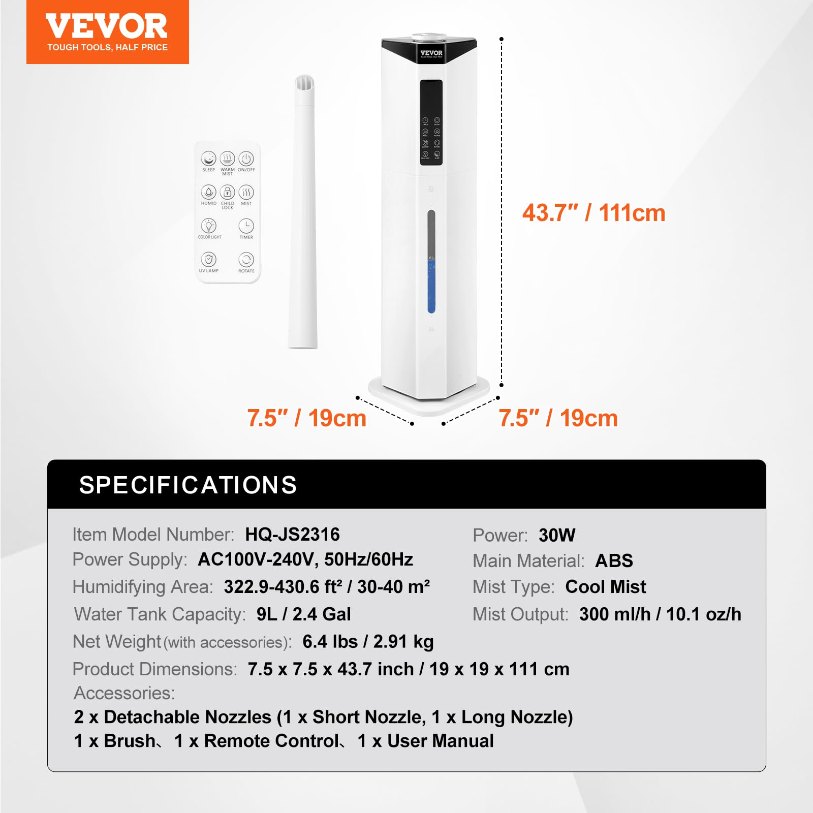VEVOR Humidificateur Commercial Industriel 40 m², 300 mL/h, Réservoir Eau 9 L, Brume Fraiche, Recharge par le Haut, avec Pulvérisation Rotative Automatique, pour Toute la Maison, Serre, Plante, Bureau