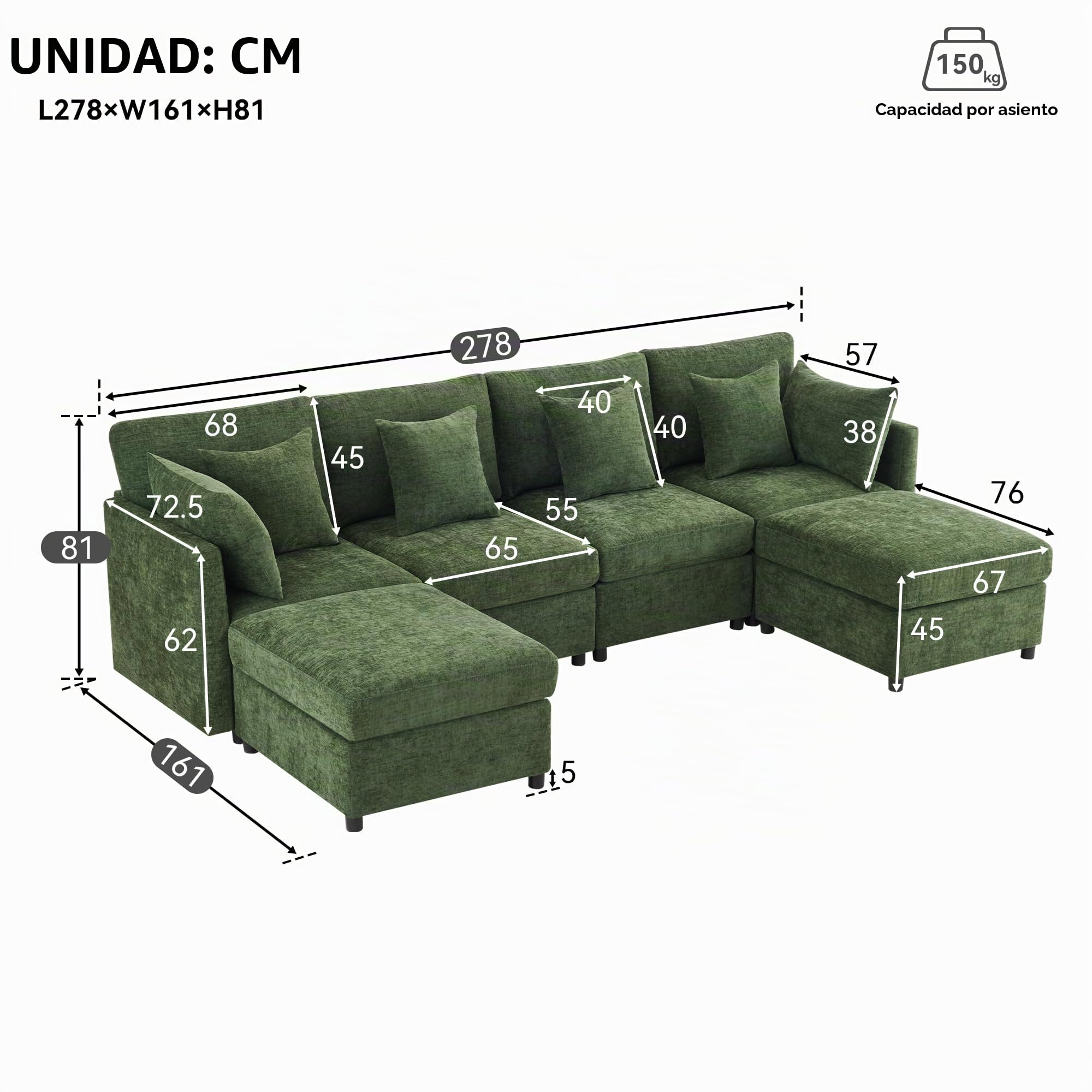 Sofá esquinero Convertible 278cm Sofá Modular 4 Plazas con Puf y Cojines Desmontables Gran Sofá en Forma de U, Revestimiento de Tela Chenille, Ideal para Salón y Apartamento, Verde