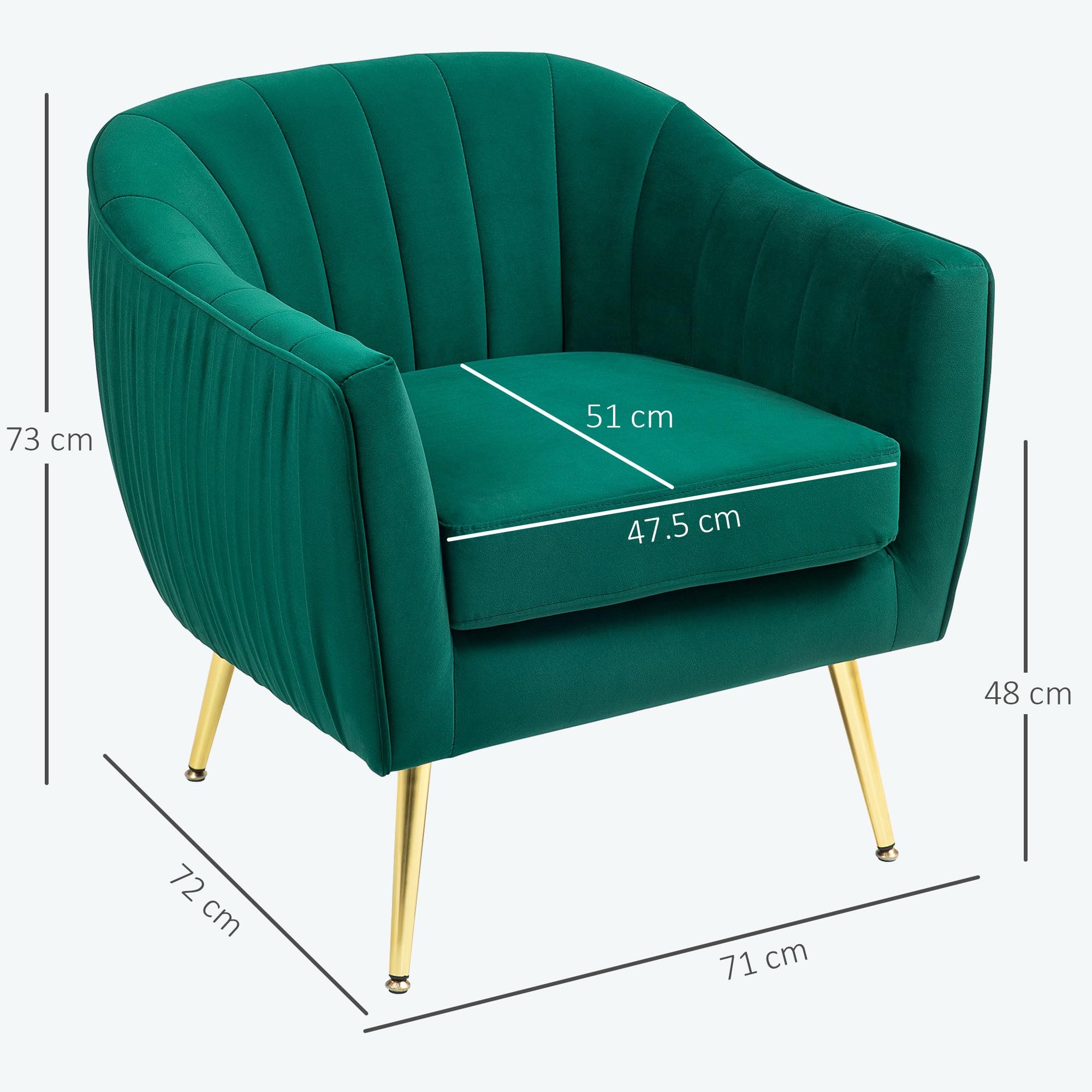 HOMCOM Poltrona da Salotto Imbottita con Braccioli e Schienale, Design Moderno, Gambe in Metallo (71x72x73 cm) Verde