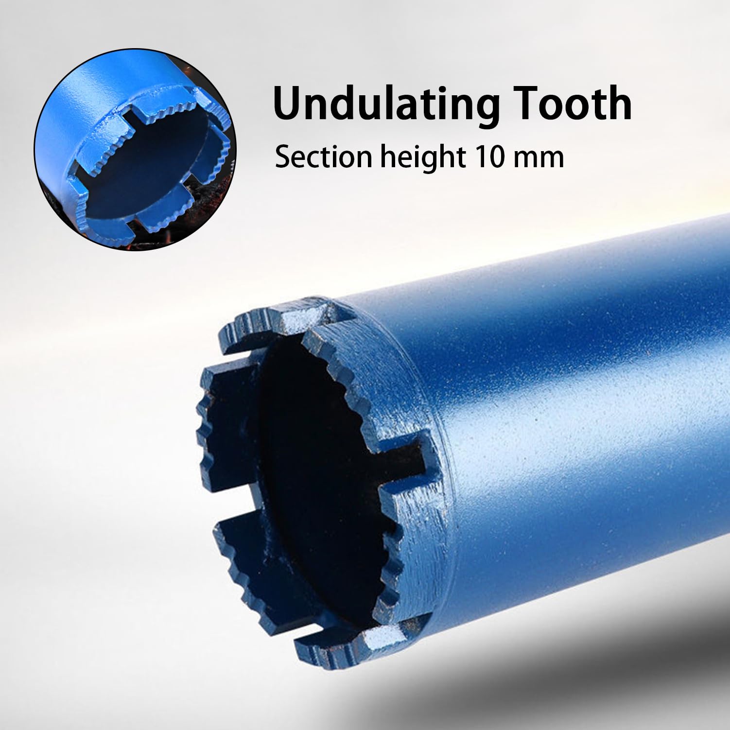 Punte per carotaggio a umido da 2,5" per calcestruzzo indurito con barre d'armatura, mattoni, blocchi, muratura, ecc. Profondità di foratura di 15,75", filettatura 1-1/4-7”, altezza del segment