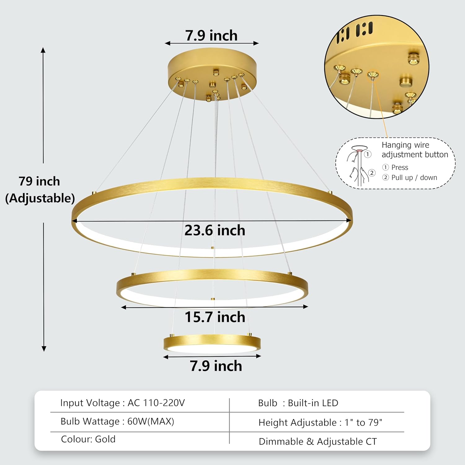 Gold LED Ring Chandelier 3 Dimmable Modern Pendant Light Adjustable Contemporary Light Fixtures for Kitchen Island Dining Entryway Living Room