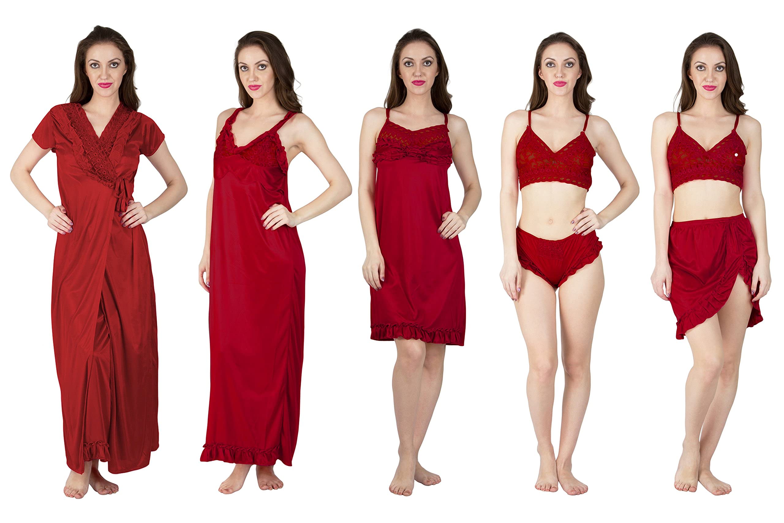 Satin Solid/Plain Night Dress,Nighty with Robe for Girl's and Women's Set of 6(bn6015)