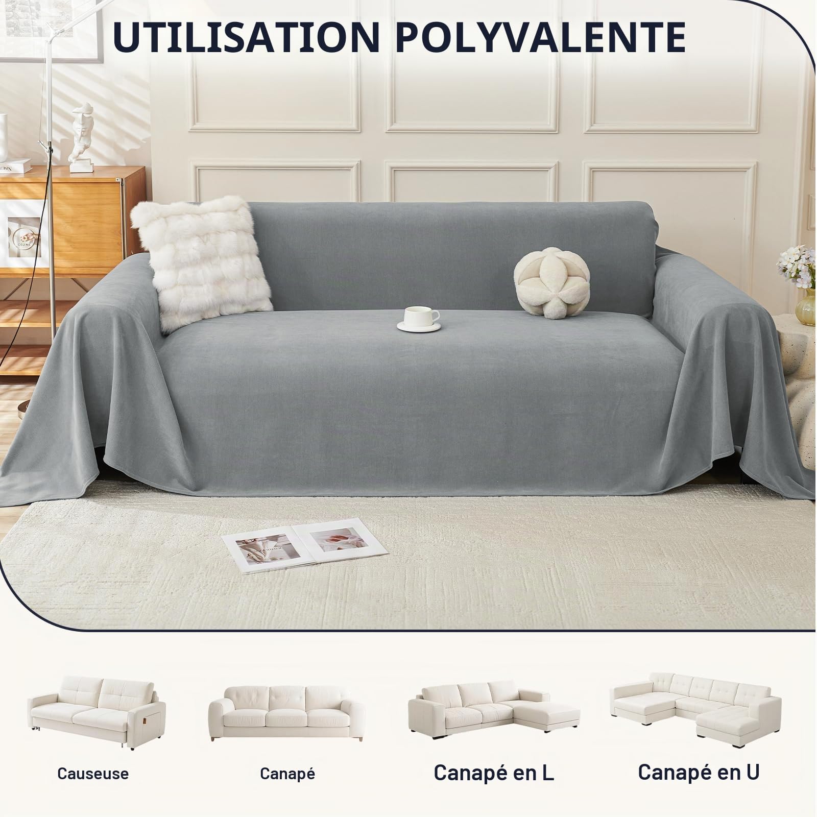 Royhom Housse de Canapé, Protege Canape Hydrofuge, Gris, 380x180 cm