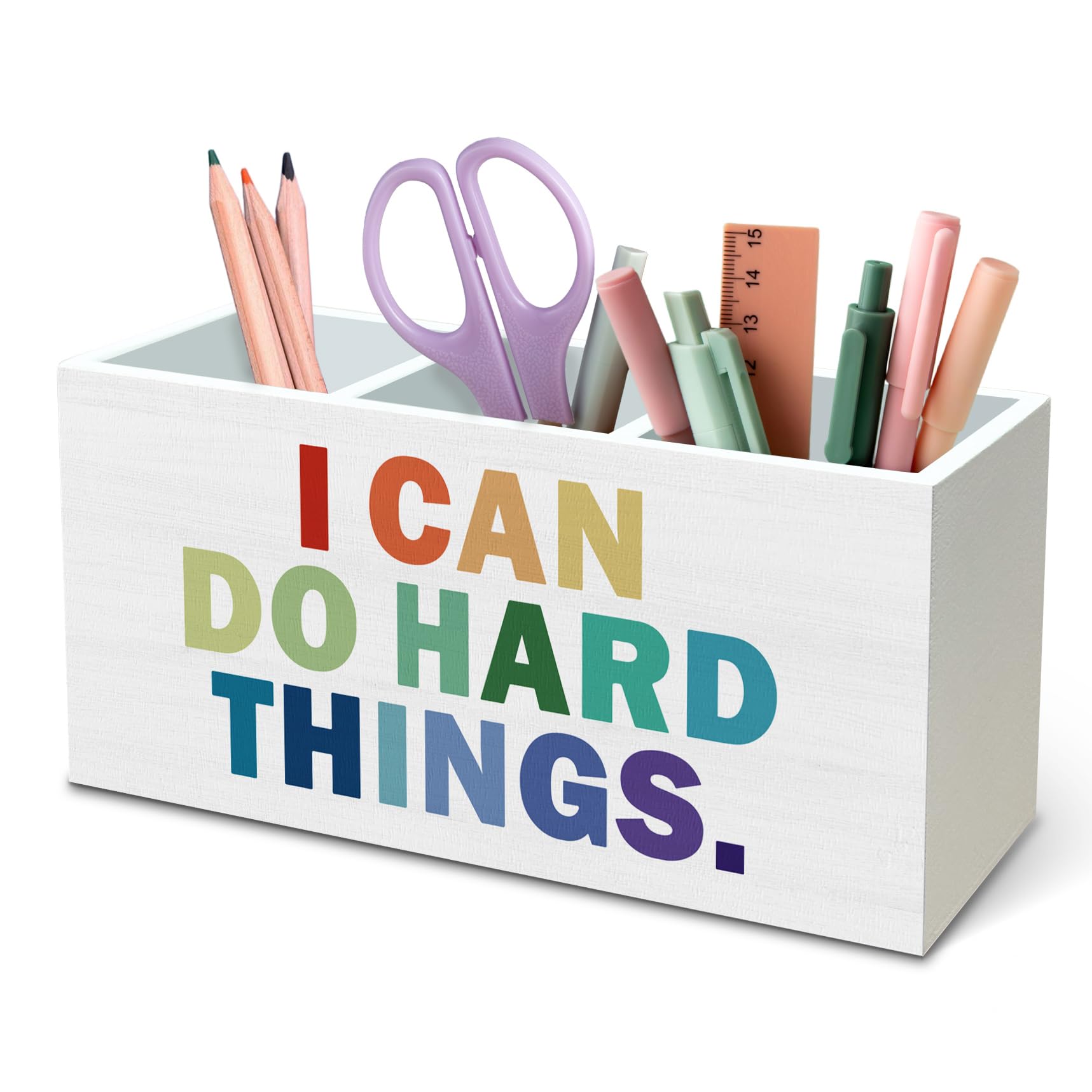 DILSJ Inspirierender Boho-Stiftehalter für den Schreibtisch, Boho-Klassenzimmer-Dekor, inspirierende Geschenke, "I Can Do Hard Things", motivierende Holzbox-Schilder für Zuhause, Büro, Schreibtisch