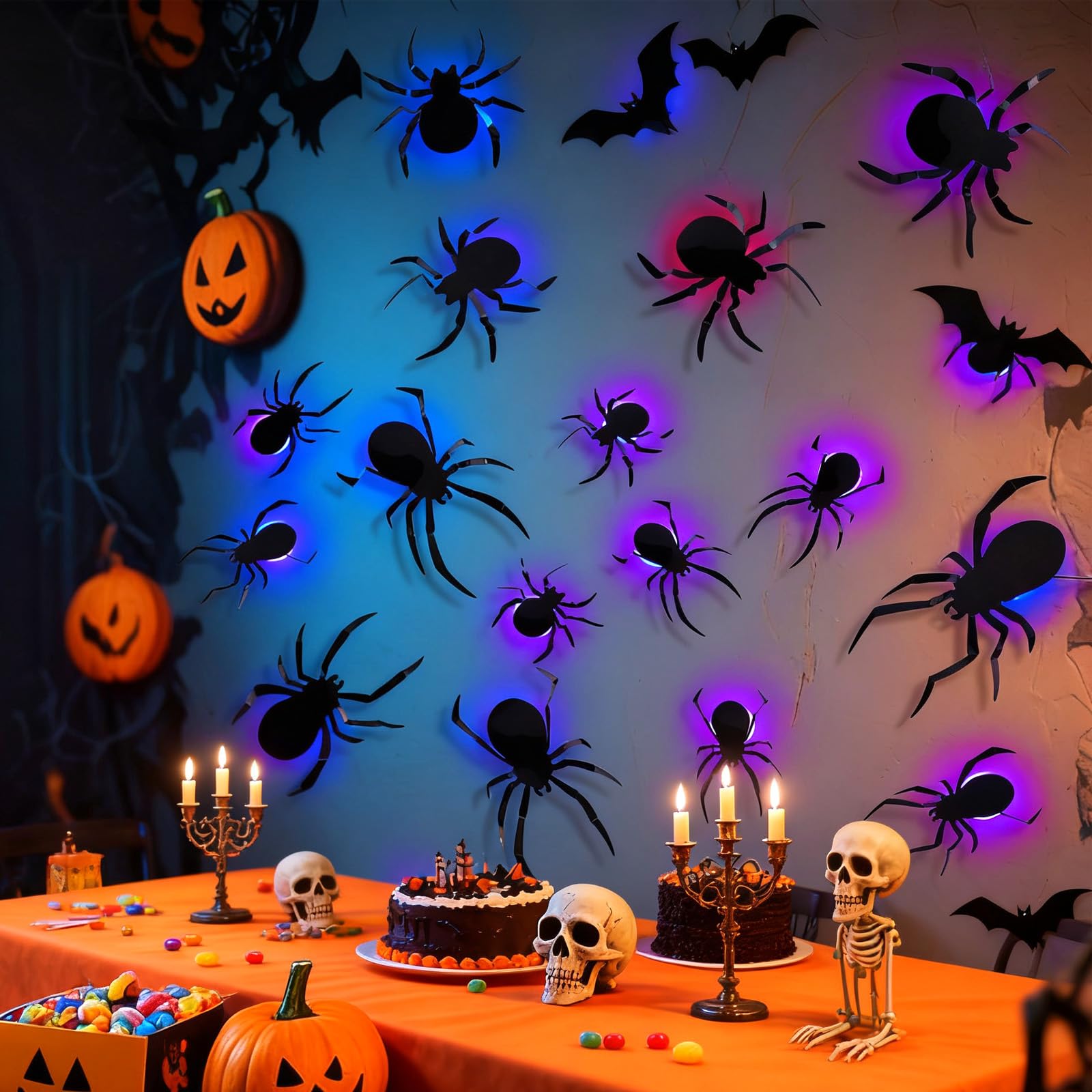 ALEGRE Dekoracja na Halloween, 10 sztuk, pająki 3D, dekoracja LED, świecące pająki, naklejki ścienne w 4 różnych rozmiarach, dekoracja LED na okno, drzwi, ścianę