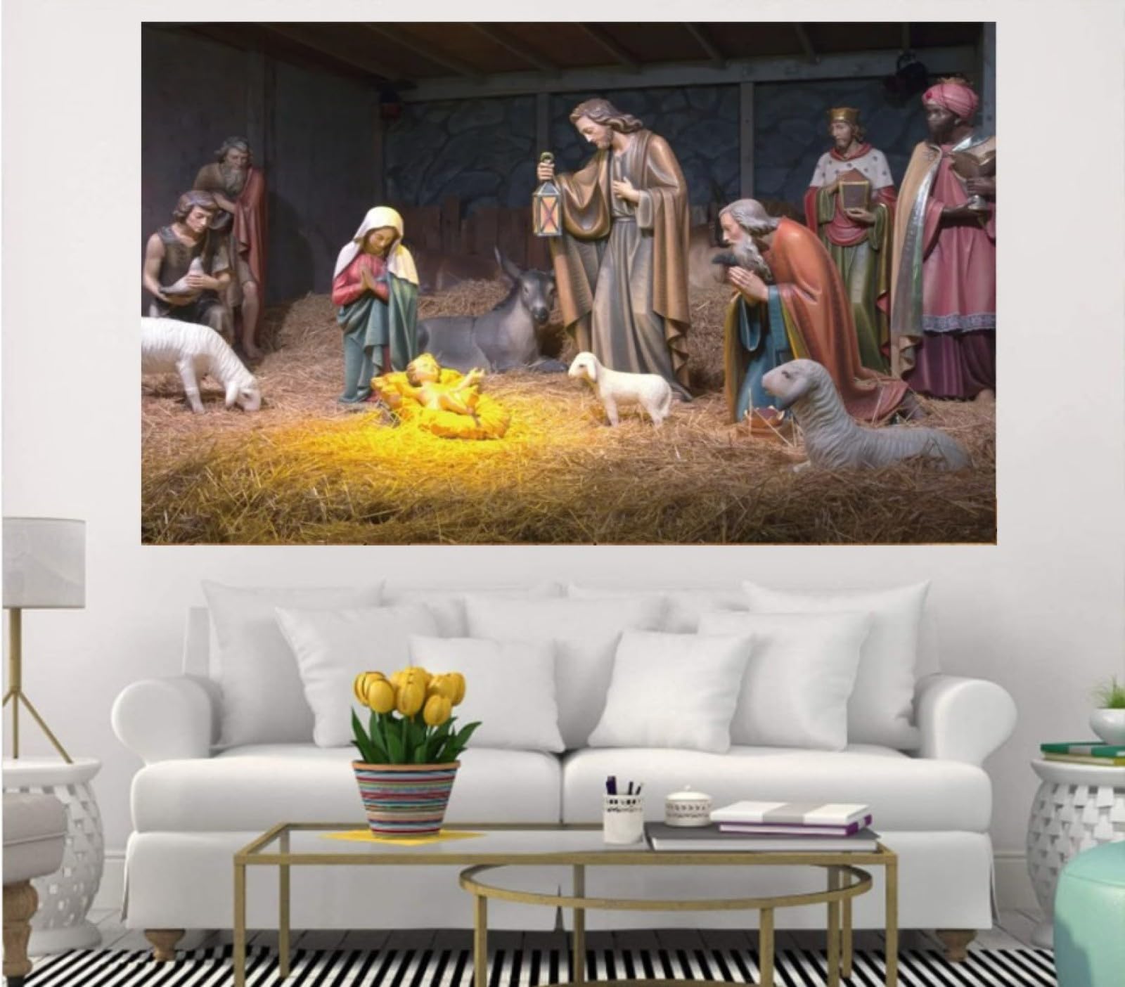Toile De Fond Crèche Noël 2,1x1,5m - Motif Sainte Famille, étoiles - Tissu Polyester, Lavable