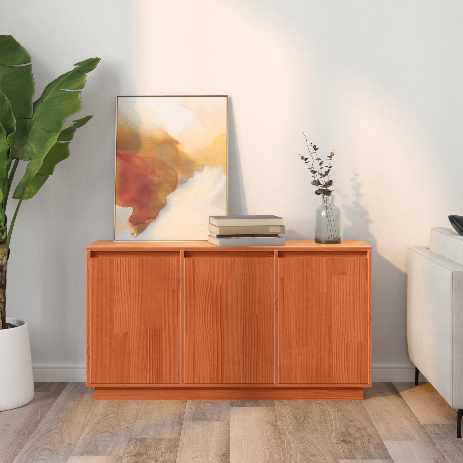 Solid Pine Wood 3-Door Sideboard, 111x34x60 cm Brown Oak