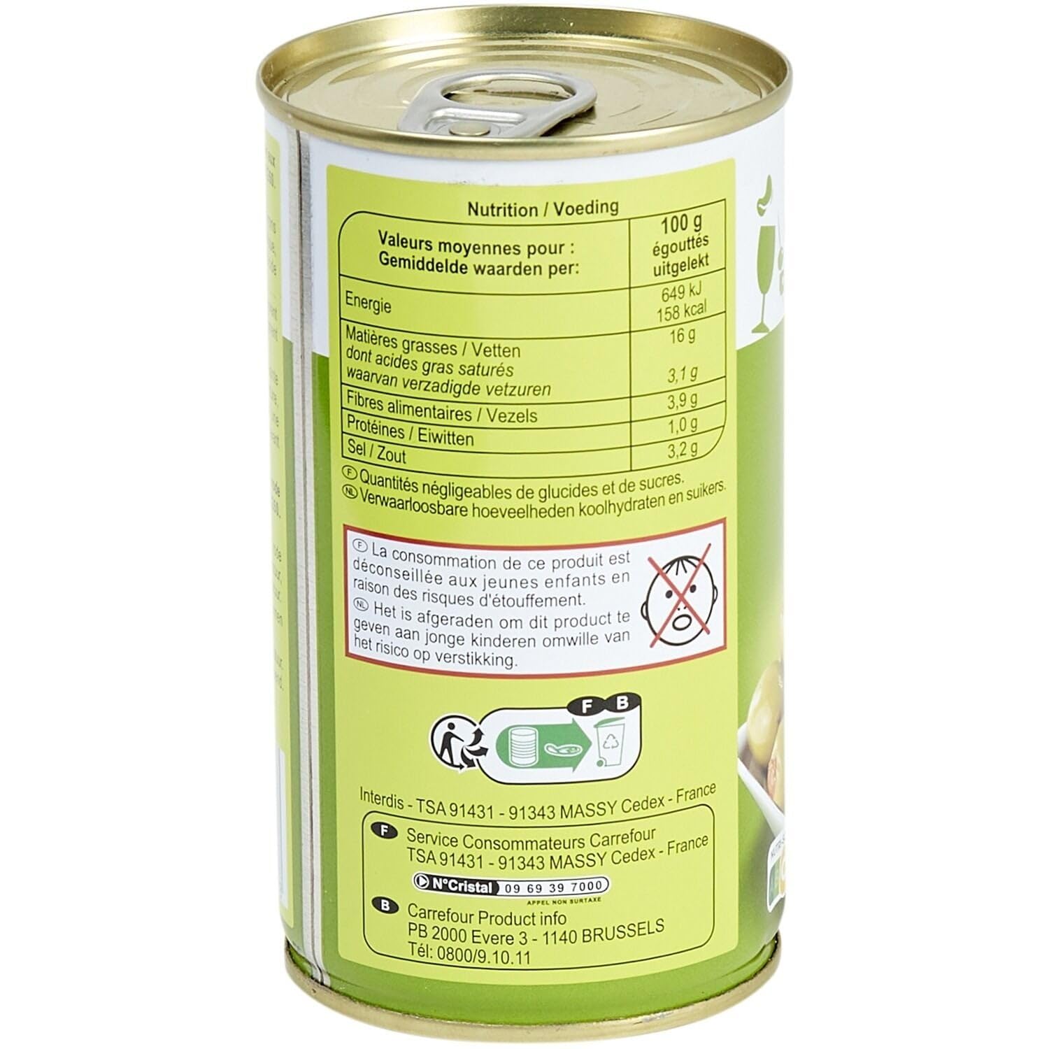 CARREFOUR CLASSIC' Olives Vertes Farcies aux Poivrons - Boîte Métal 350 g - Apéritif Prêt à Déguster - Saveur Authentique et Farciture Gourmande - Lot de 4
