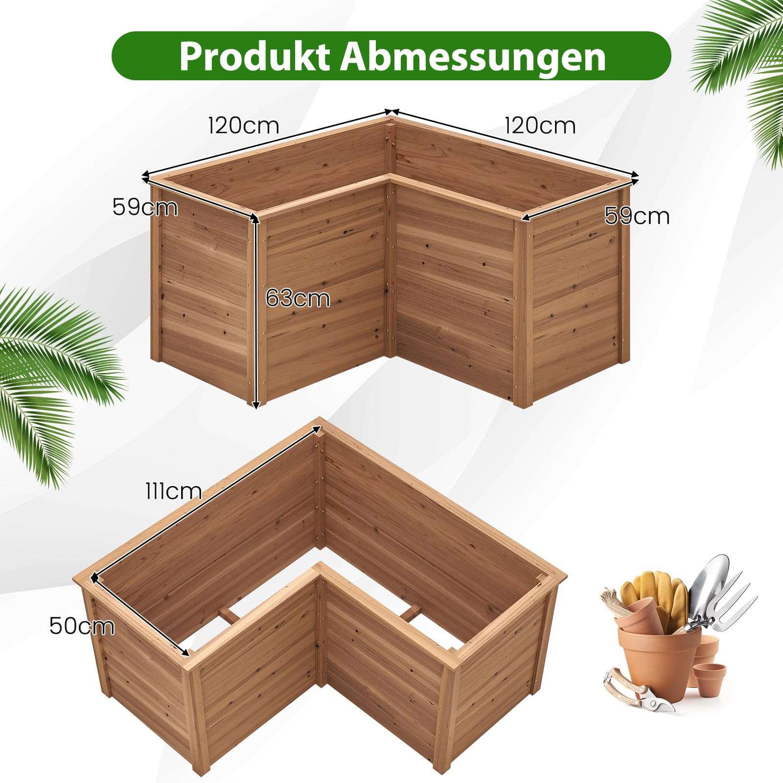 COSTWAY Erhöhtes Hochbeet Holz, Gartenbeet tief, Pflanzkasten mit offenem Boden, für Balkon Garten Terrasse, Pflanzenbeet L-förmig, Kräuterbeet Pflanzkasten, Tannenholz, 120 x 120 x 63 cm (Braun)