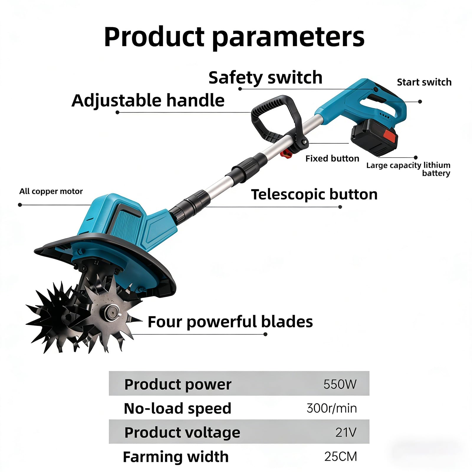 Zappatrice per Terreno A Batteria, Motozappa Elettrica da Giardino da 550 W con 2 * 13000 mAh E 4 Lame in Acciaio al Manganese, Potente Attrezzo da Giardino per Coltivatore per Diserbo E 1 Batteries